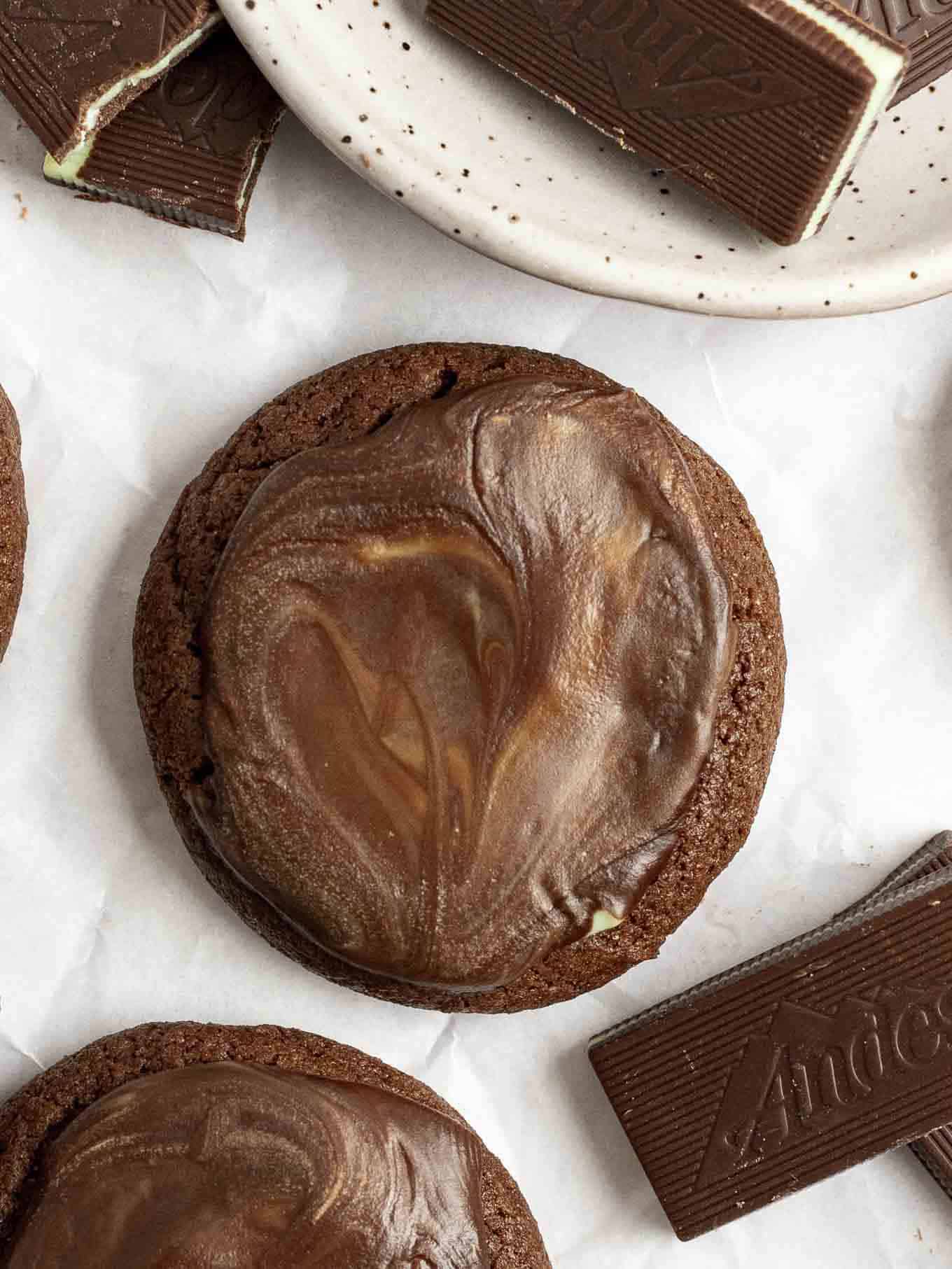 A close up overhead view of an Andes Mint cookie.