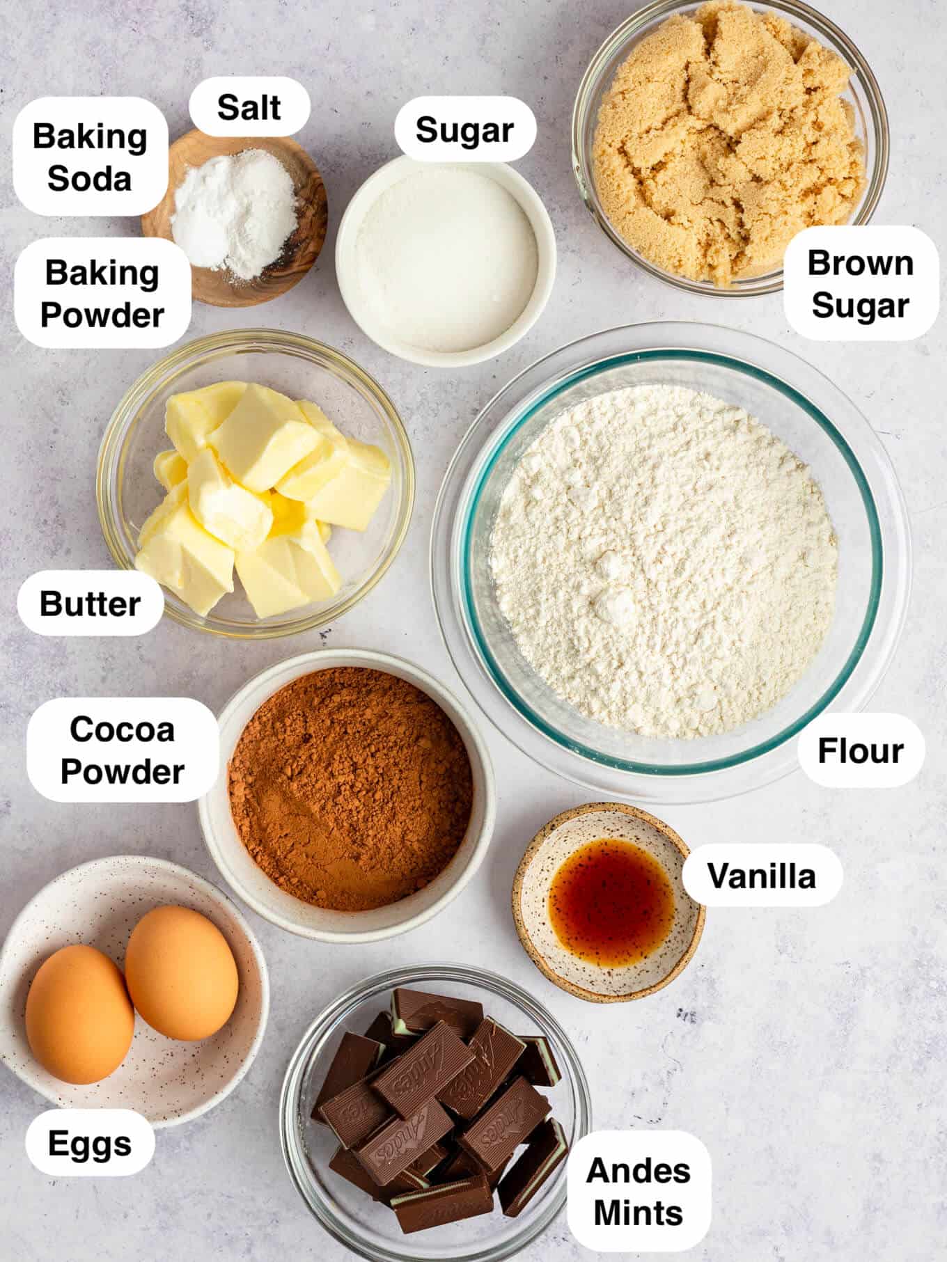 An overhead view of the ingredients needed to make Andes mint cookies.