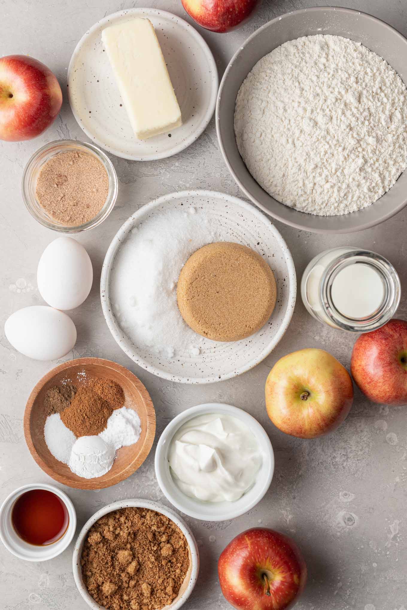 An overhead view of the ingredients needed to make cinnamon apple bread. 