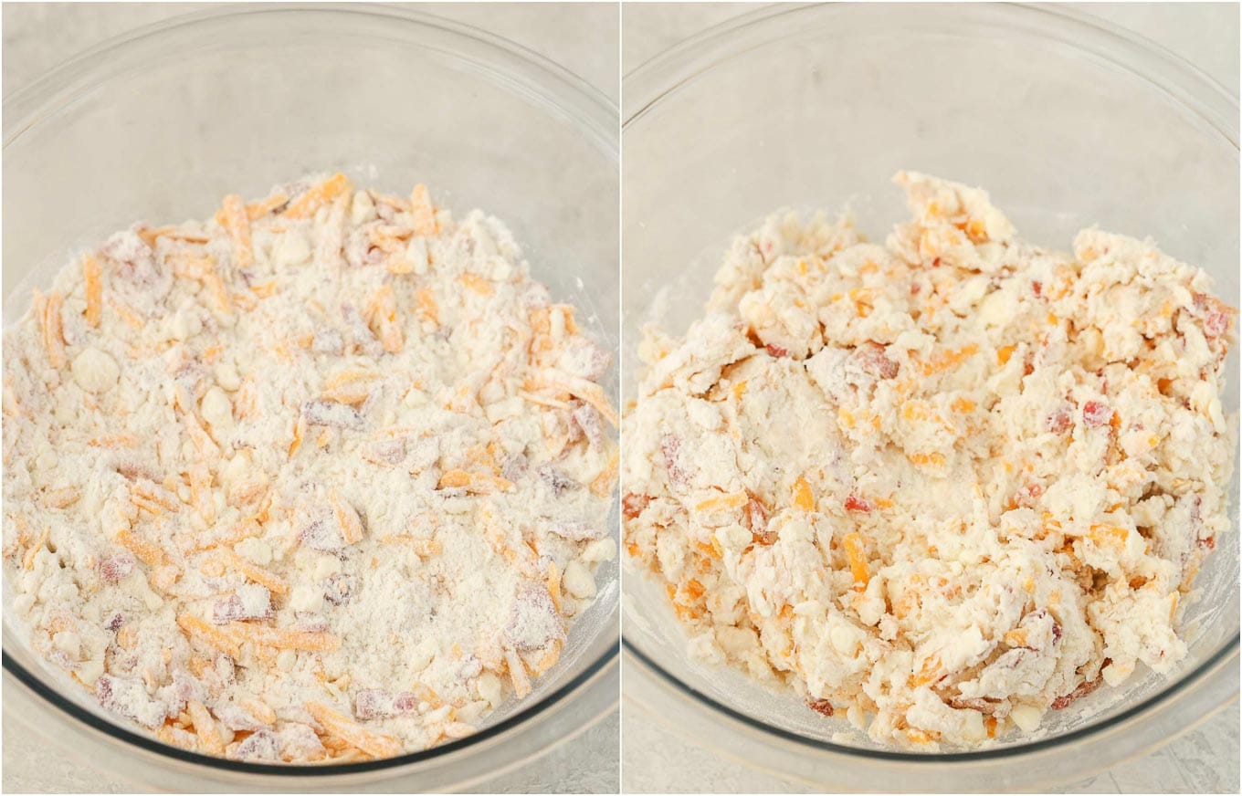 Process shot showing how to mix cheese and bacon into biscuit dough. 