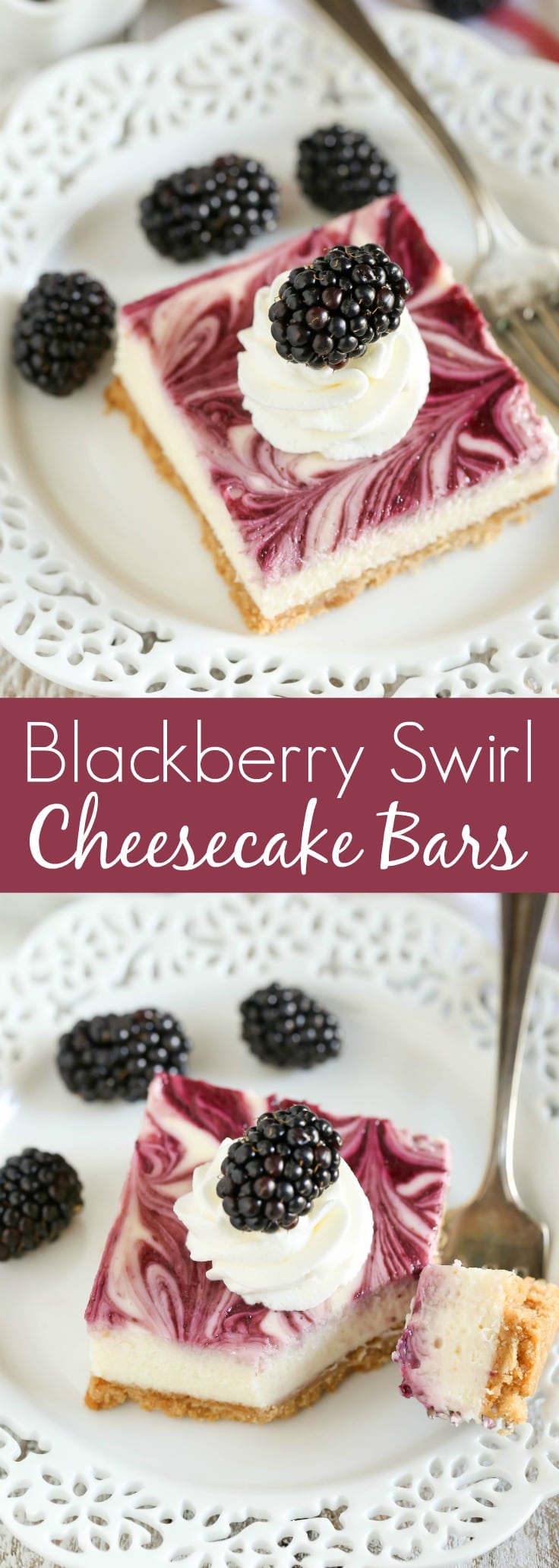 A homemade graham cracker crust topped with a smooth and creamy cheesecake filling and blackberry swirl. These Blackberry Swirl Cheesecake Bars make a gorgeous and delicious dessert!