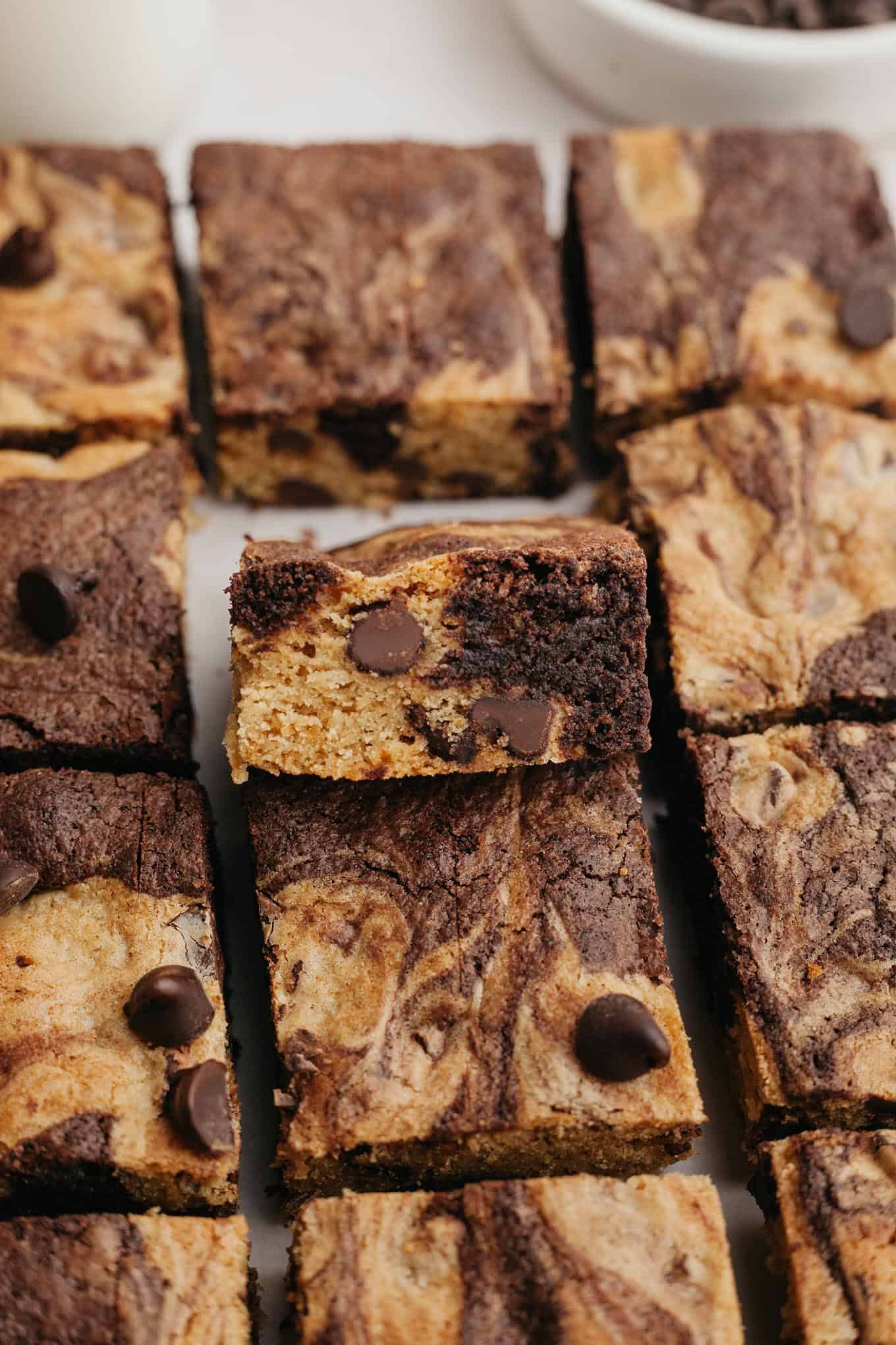 Sliced brookies; one bar rests on top of another. 