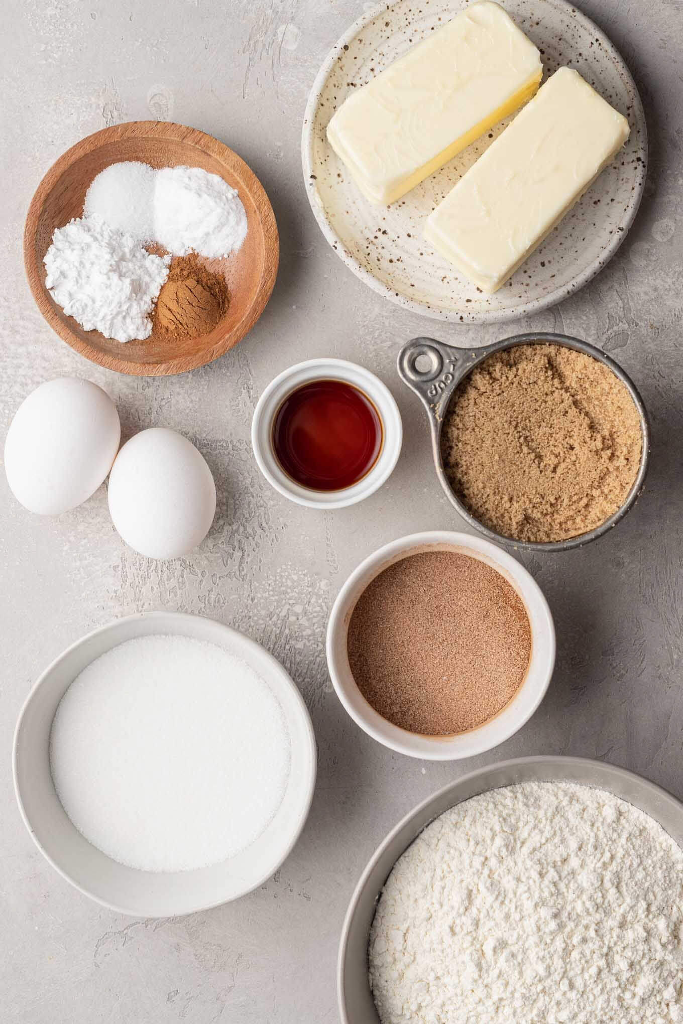 An overhead view of the ingredients needed to make snickerdoodles with brown butter. 