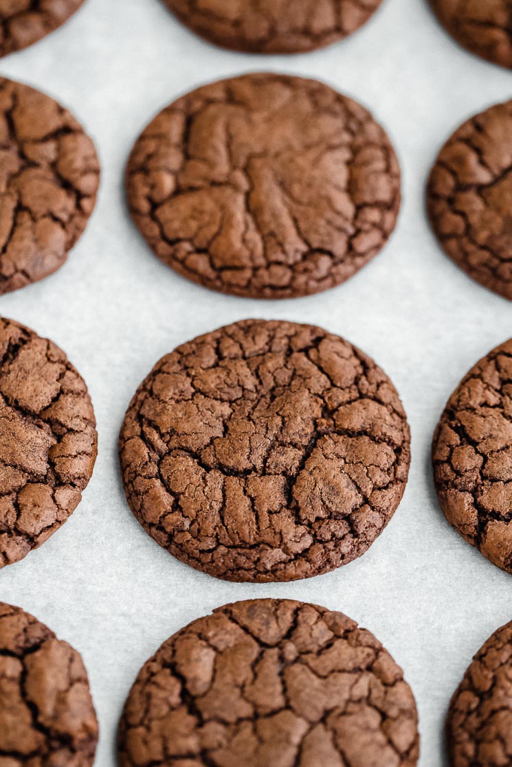 Baked cocoa powder cookies lined up on a baking sheet lined with parchment paper.