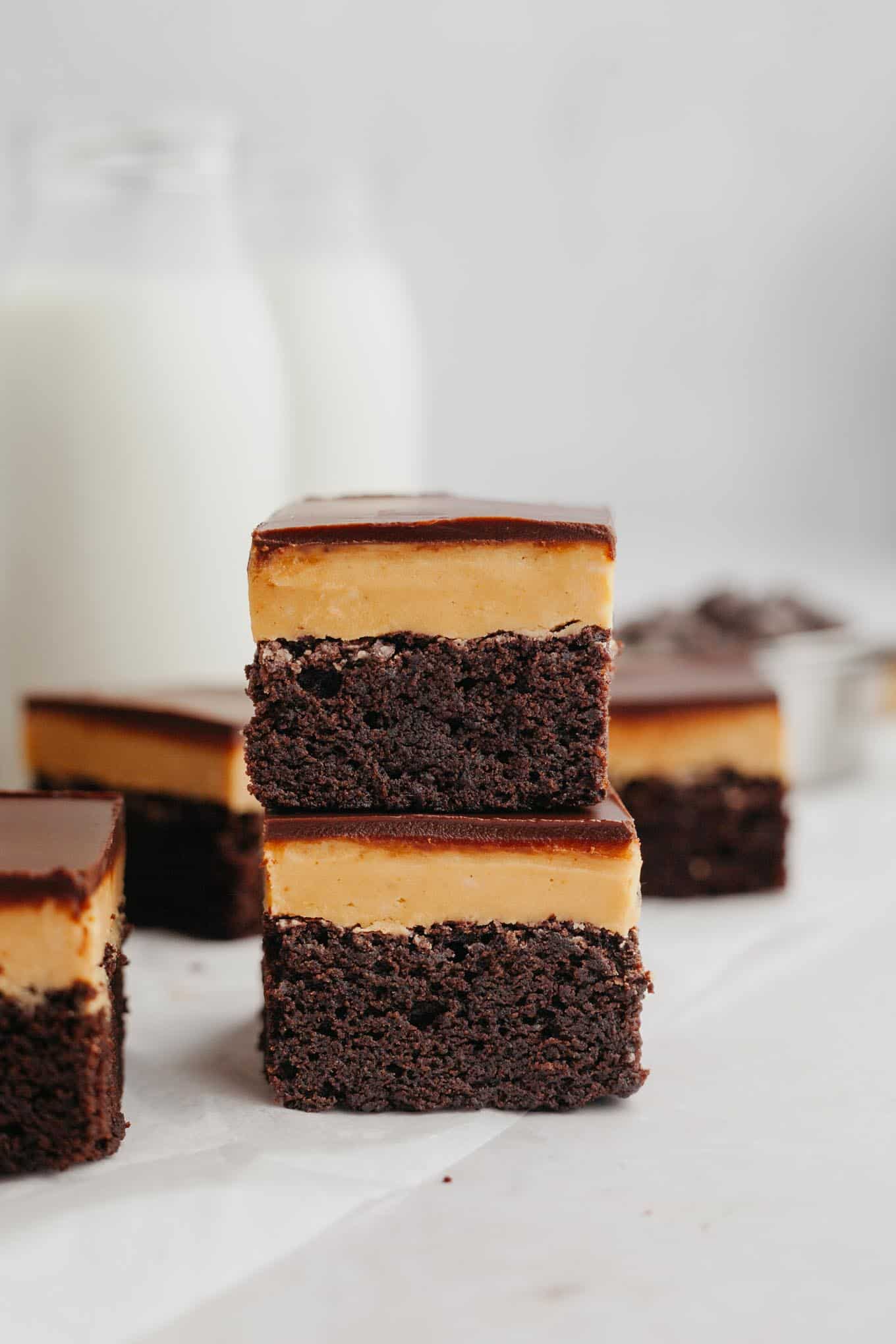 Two Buckeye brownies stacked on top of each other. 