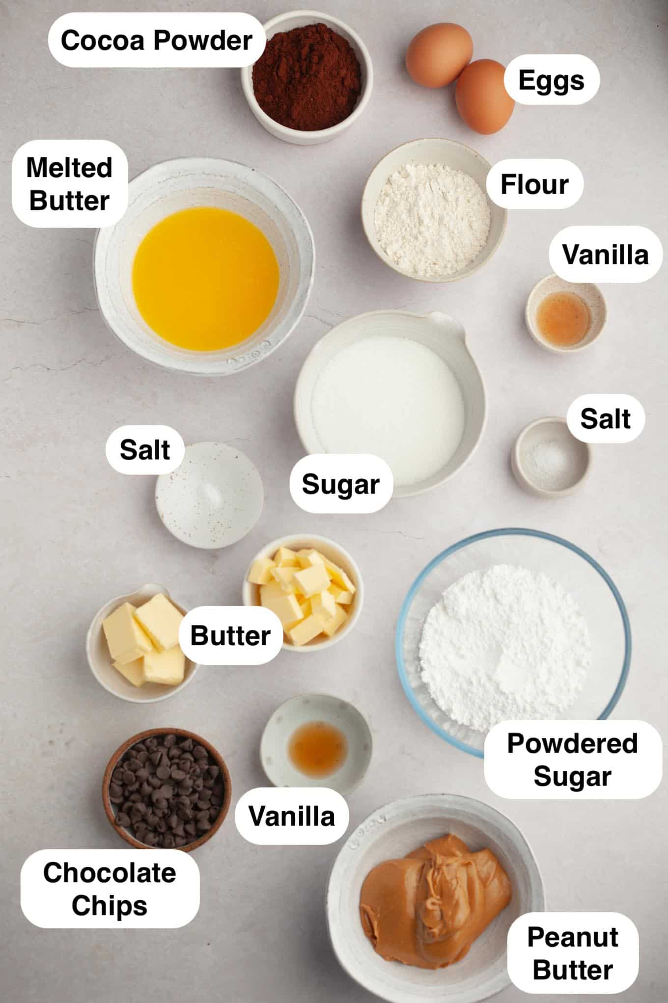 An overhead view of the ingredients needed for Buckeye brownies. 