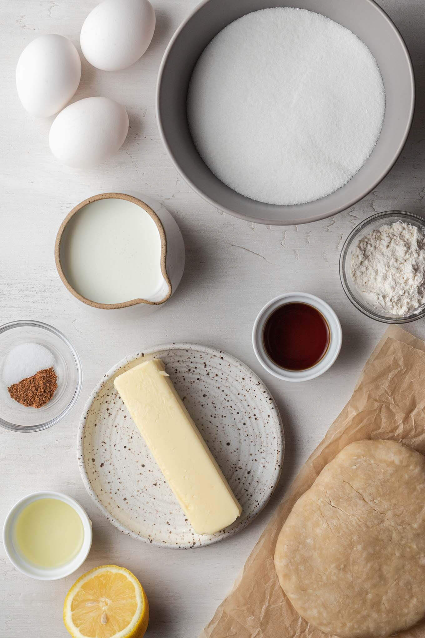 Overhead view of the ingredients needed to make Southern buttermilk pie. 