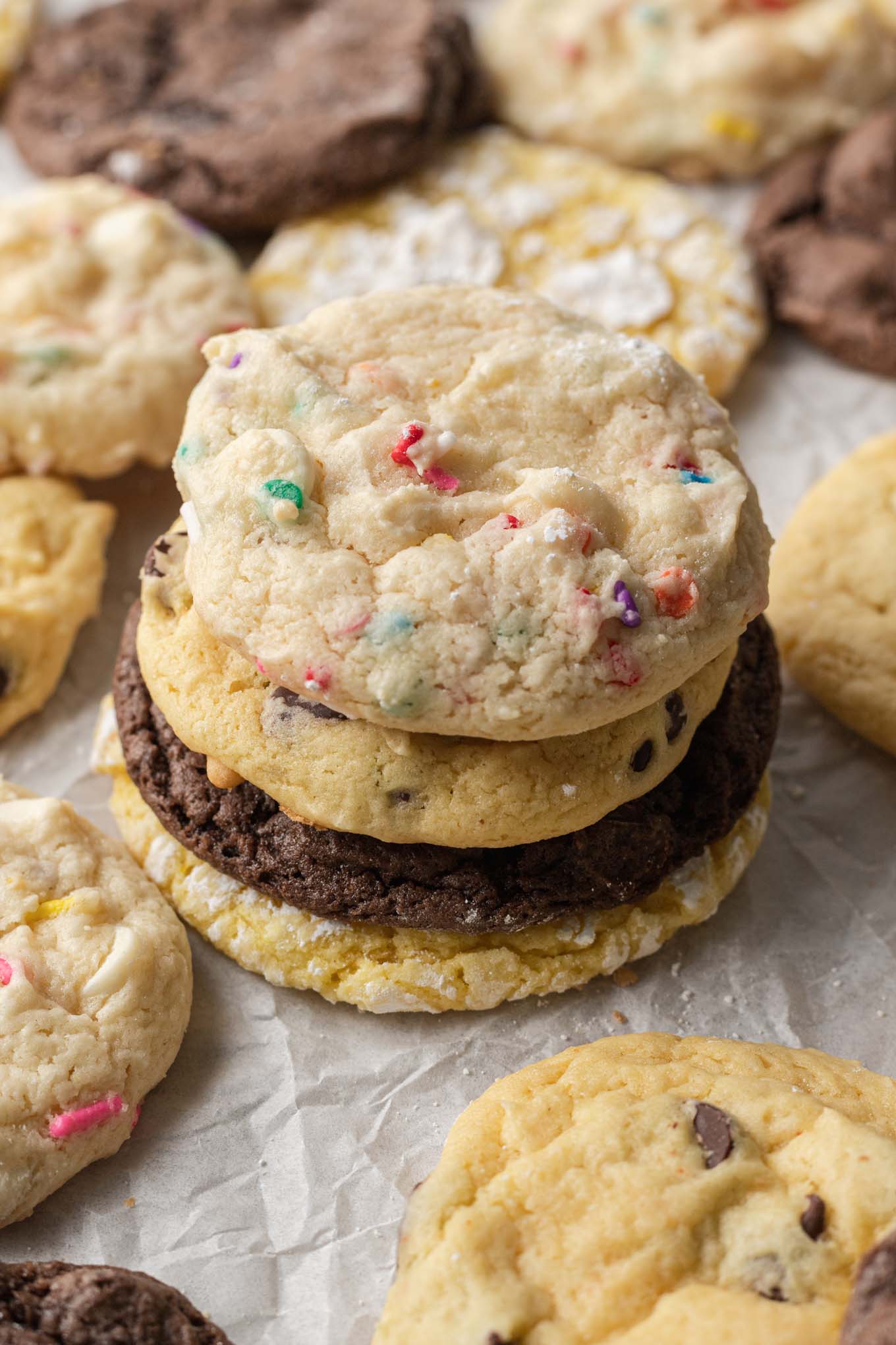 A stack of box cake mix cookies, surrounded by additional cookies. 