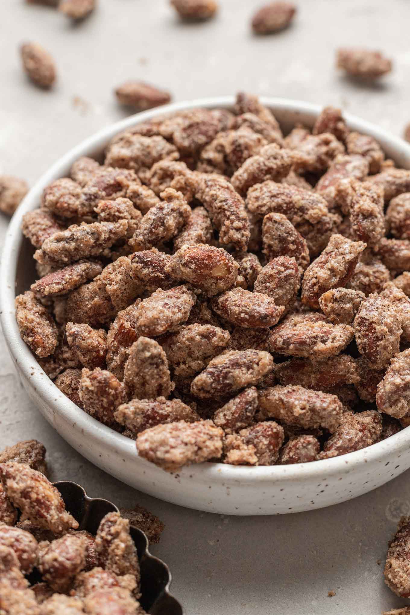 A large bowl of candied almonds. 