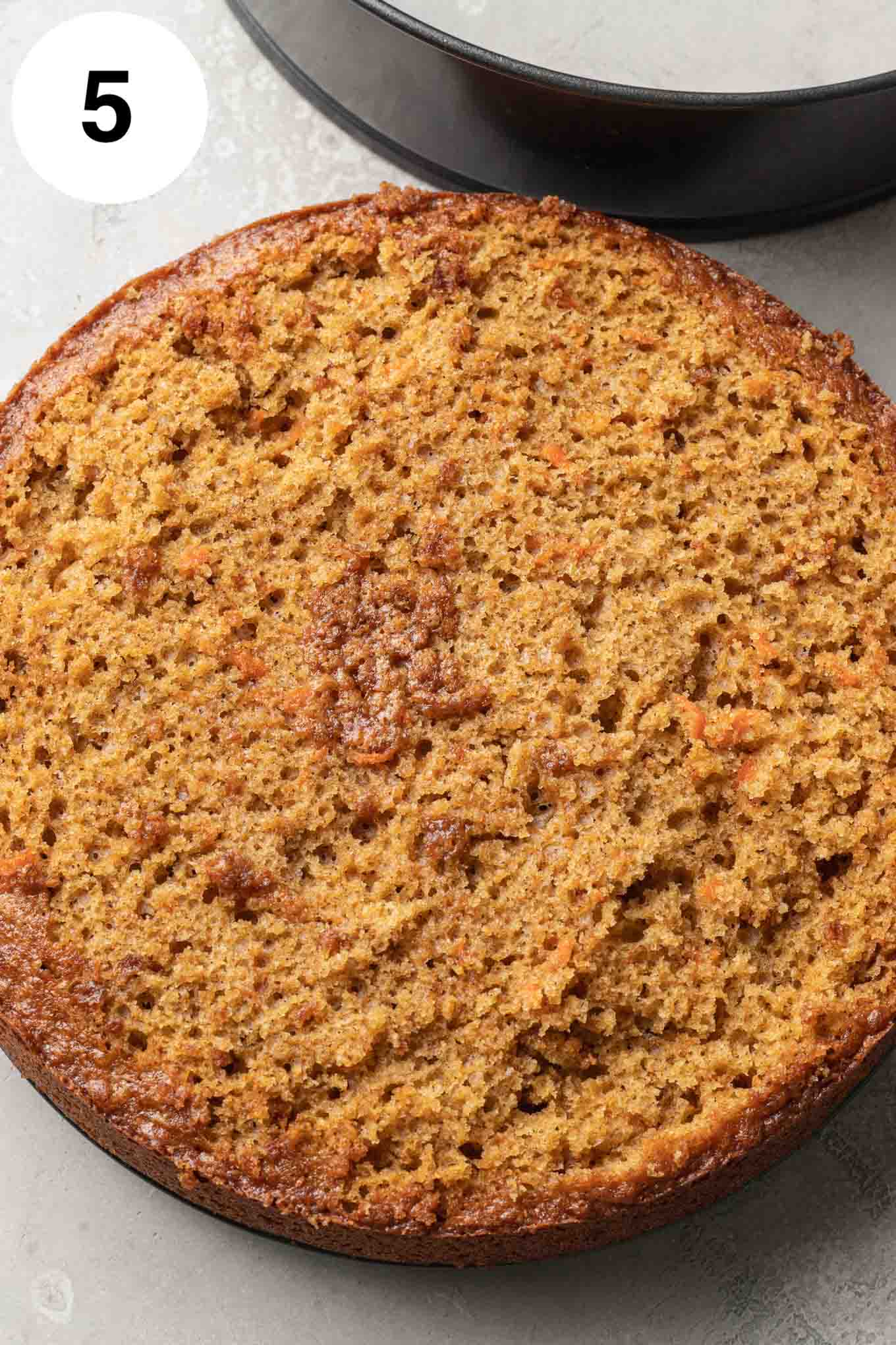 An overhead view of a carrot cake that's been leveled on top. 