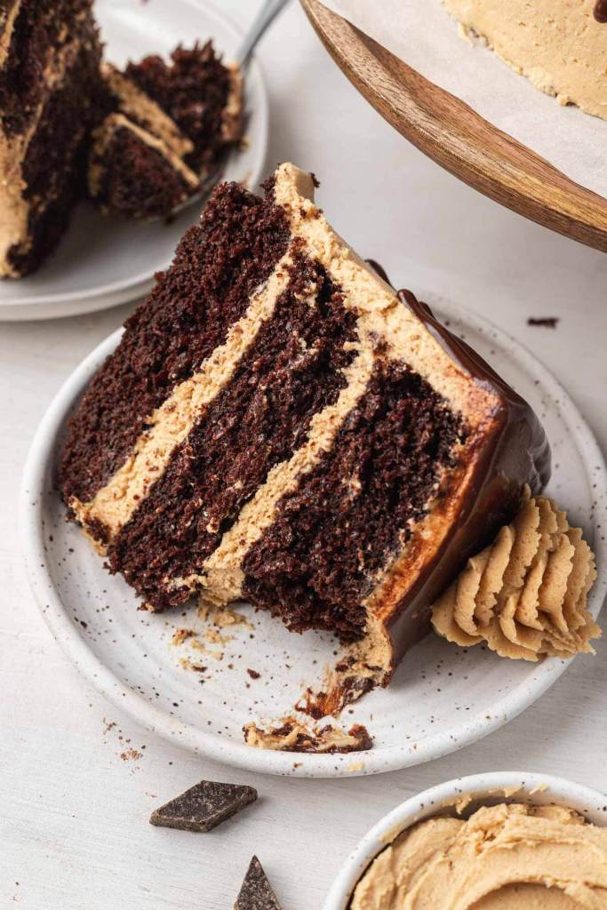 A slice of chocolate cake with peanut butter frosting. A bite is missing. 