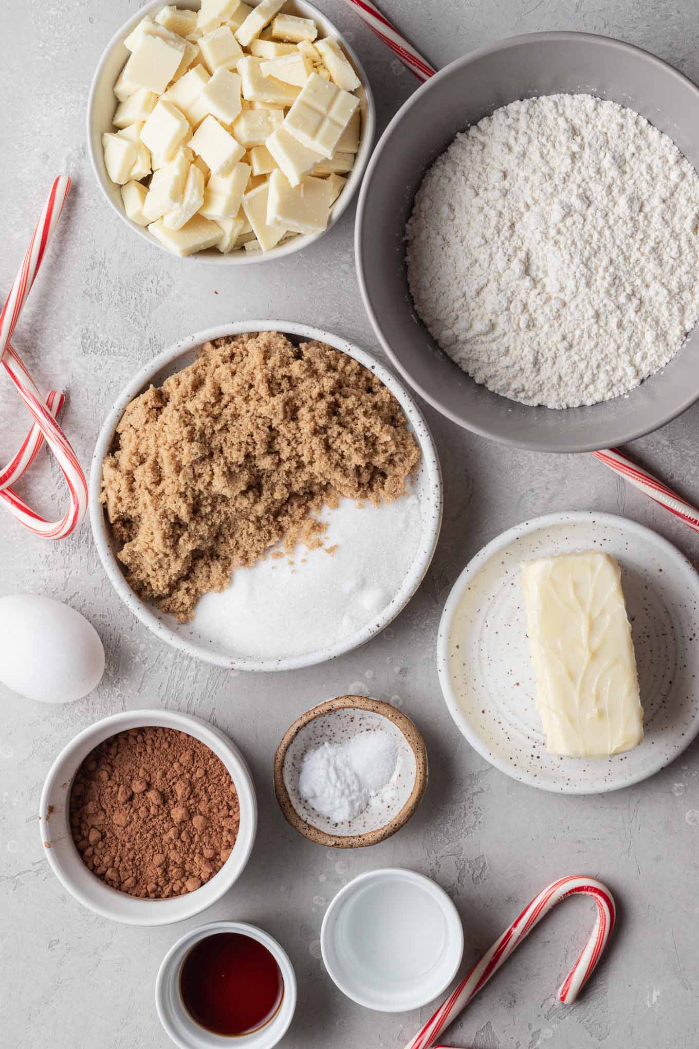 An overhead view of the ingredients needed to make chocolate peppermint Christmas cookies. 