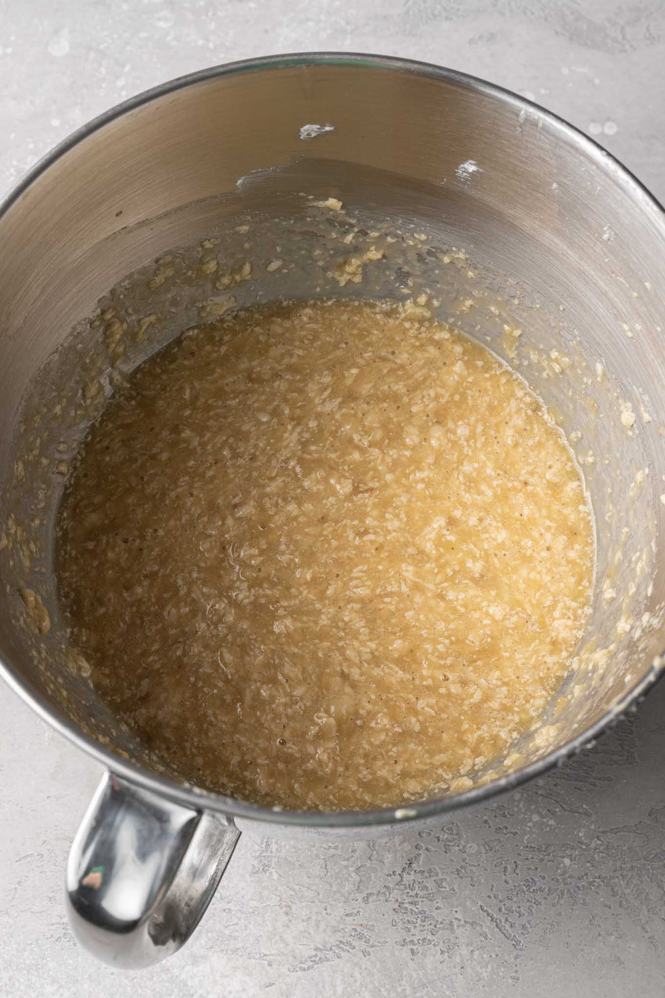 An overhead view of the wet ingredients mixed together.