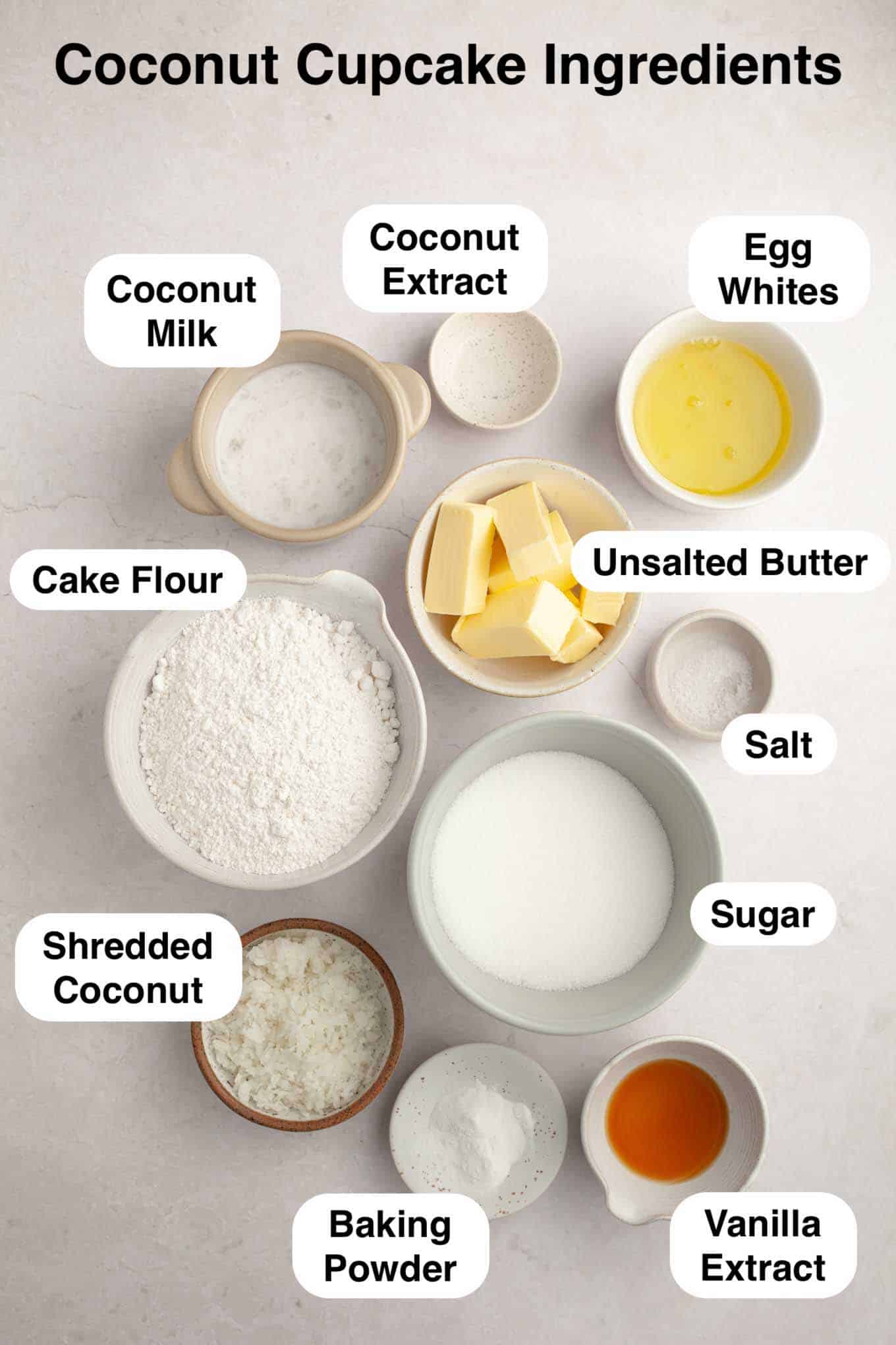 An overhead view of the ingredients needed to make coconut cupcakes. 