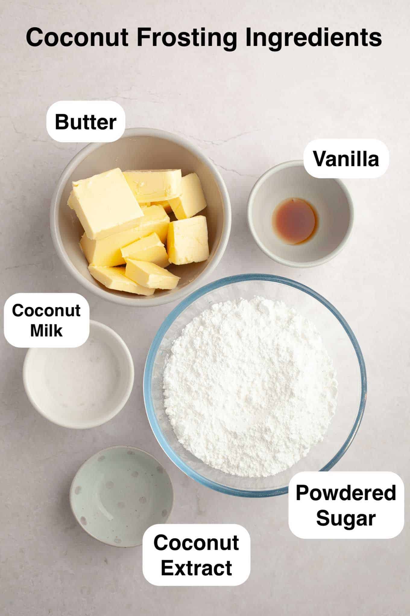 An overhead view of the ingredients needed to make the coconut frosting.