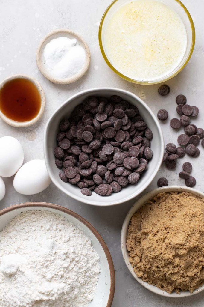 Overhead view of the ingredients needed for chocolate chip bar cookies.