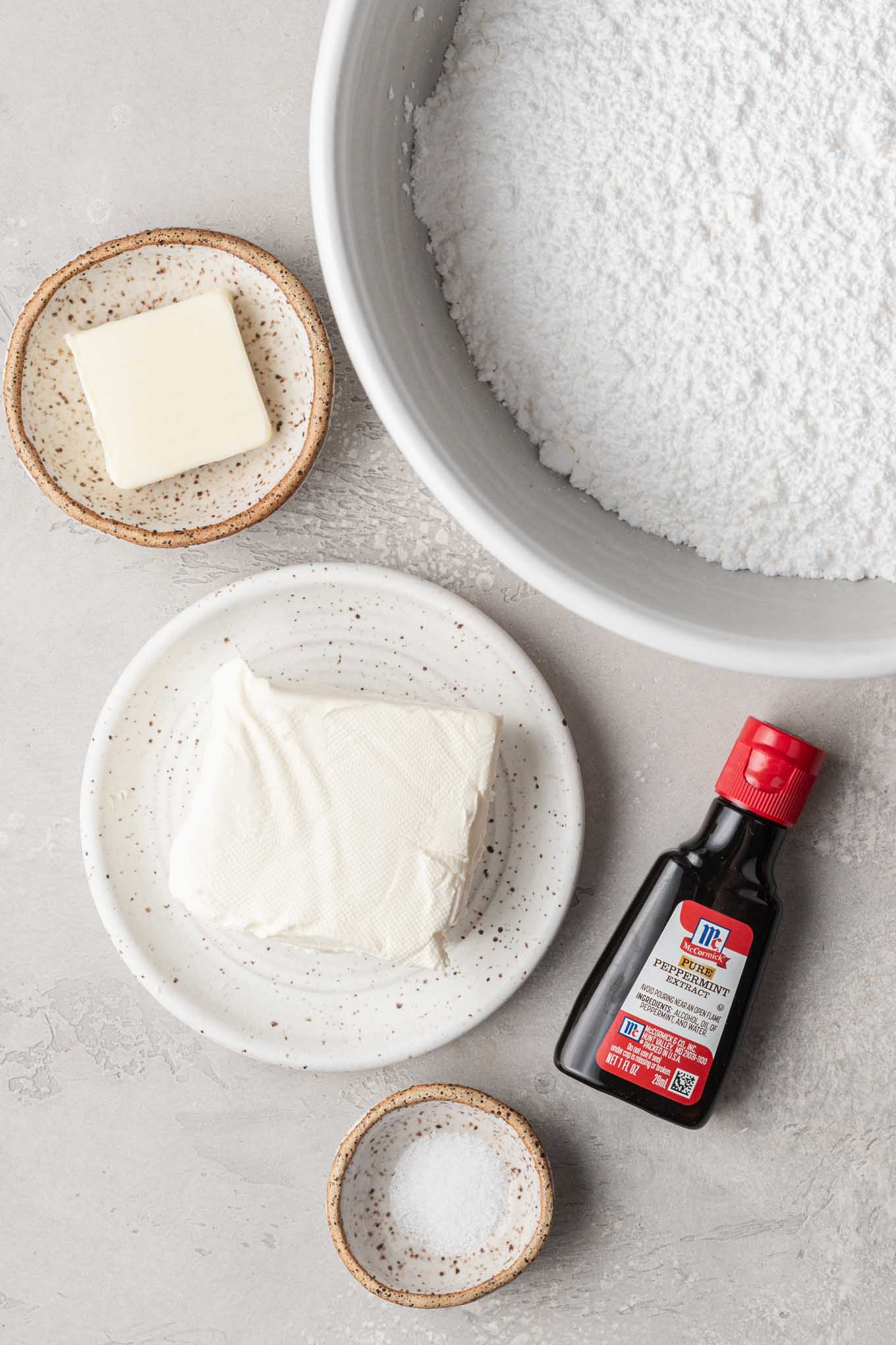 An overhead view of the ingredients needed to make cream cheese wedding mints. 