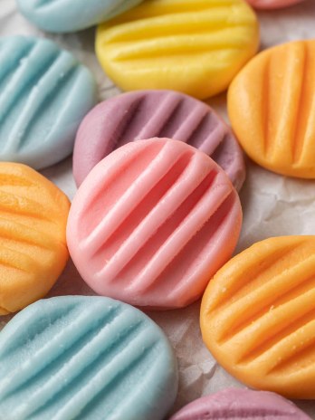 Several pastel cream cheese mints on a piece of parchment paper.