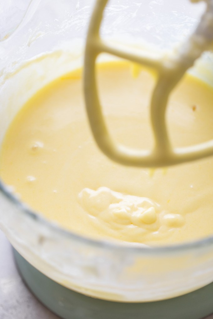 The pound cake batter after the eggs have been mixed into the creamed butter and sugar.