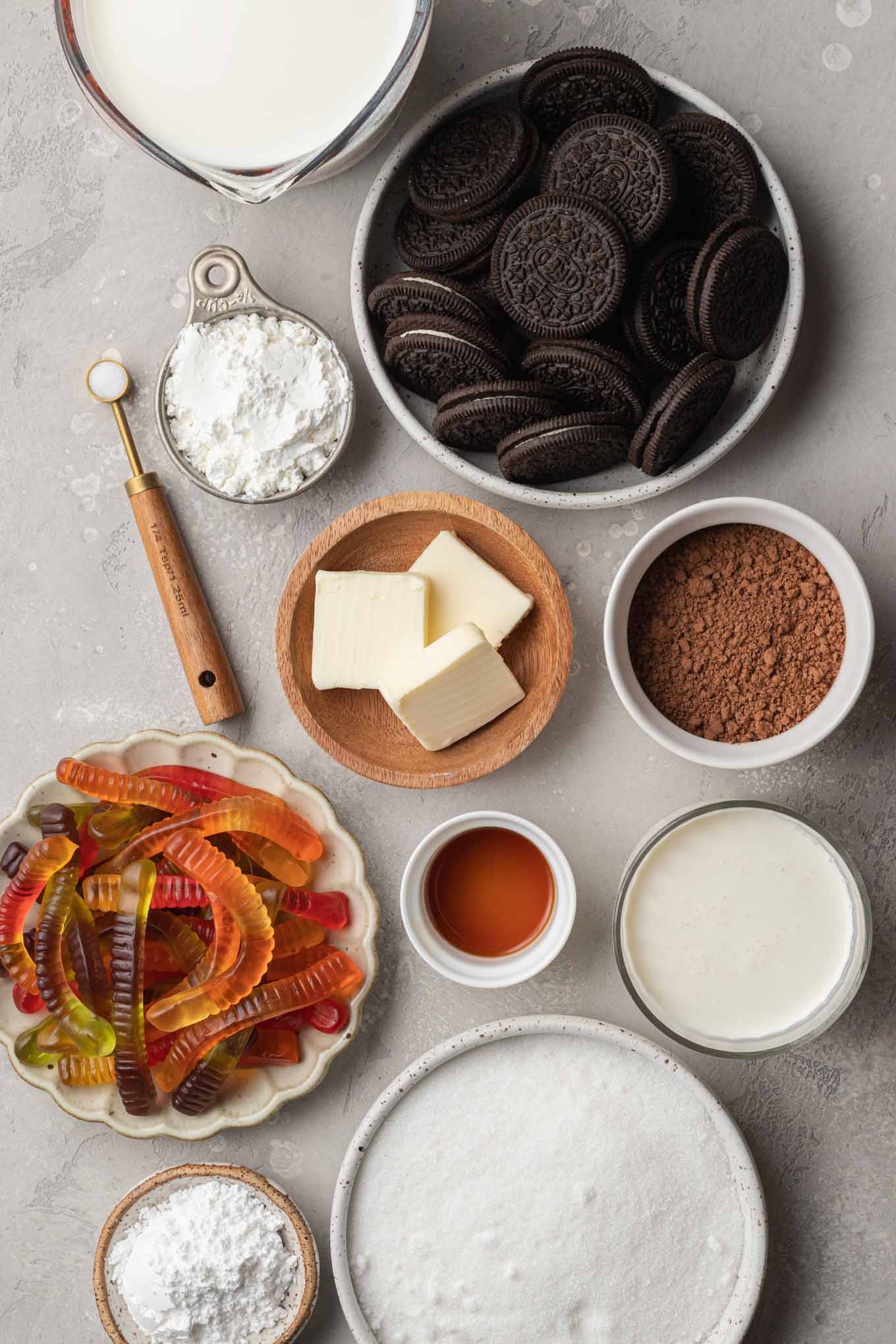 An overhead view of the ingredients needed to make dirt cups.