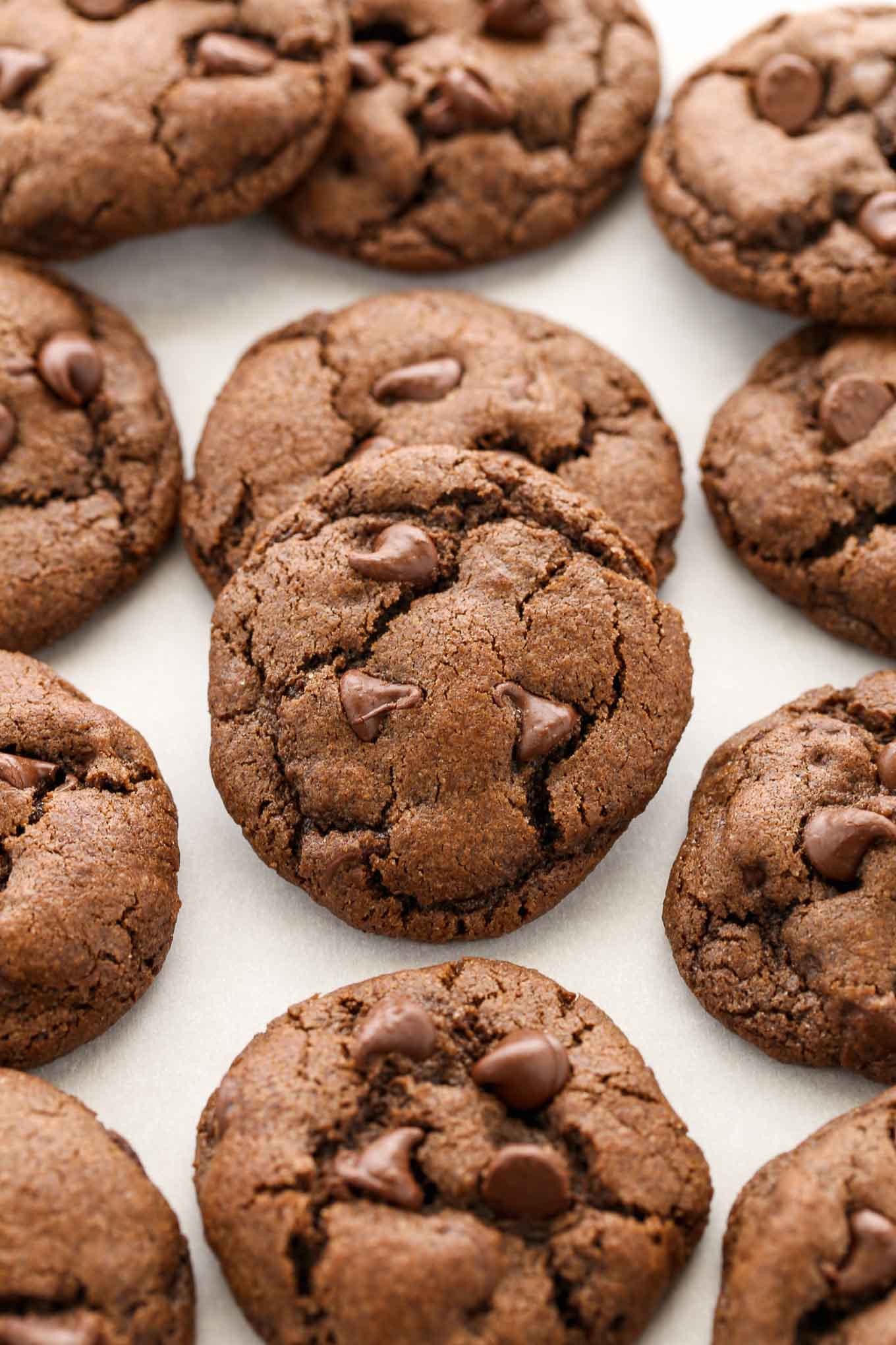 Double chocolate cookies lined up on a piece of parchment paper.