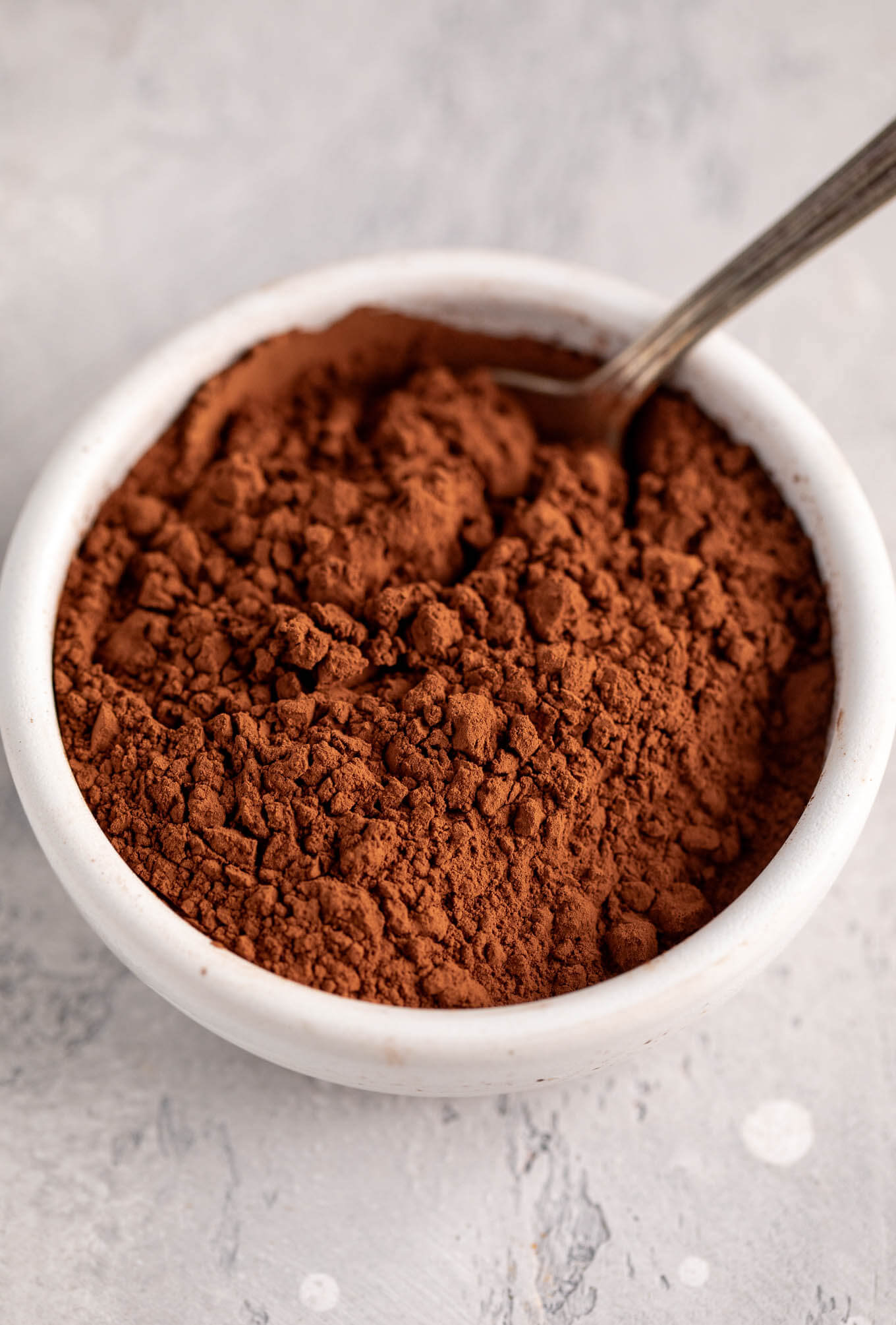 Dutch-process cocoa powder inside of a white bowl with a spoon in it.