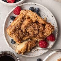 An overhead view of a slice of French toast casserole.