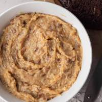 An overhead view of a bowl of German chocolate cake frosting.