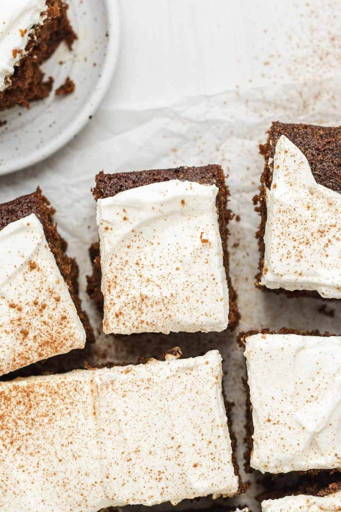 An overhead view of slices of gingerbread cake. 