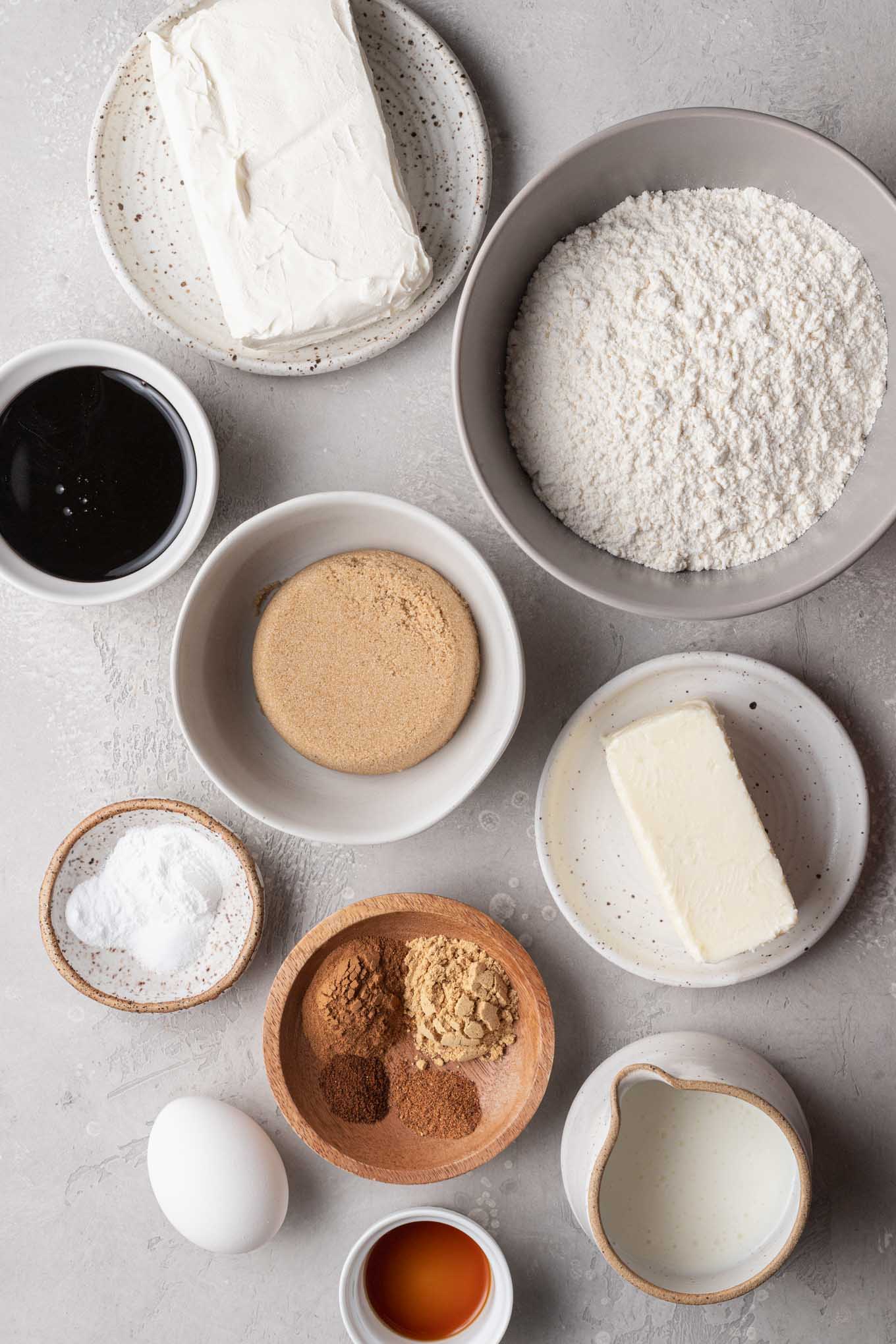 An overhead view of the ingredients needed to make the best gingerbread cupcakes. 