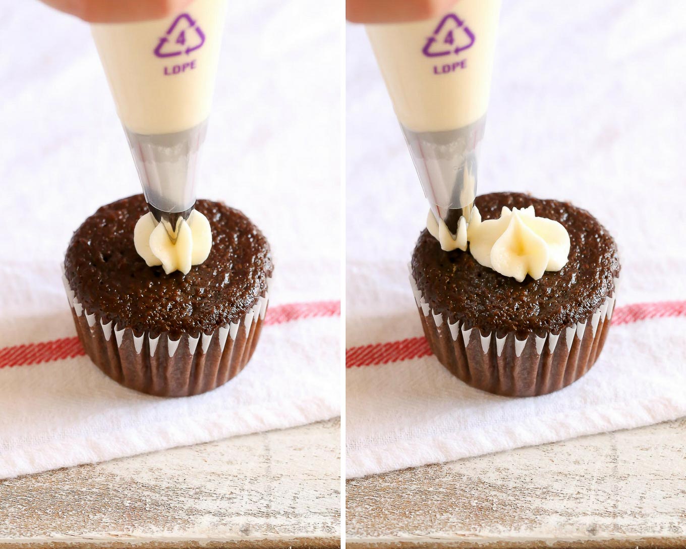 Learn to prepare your piping bag, the easiest way to fill your bag, and how to frost cupcakes like a pro with this easy piping tutorial!