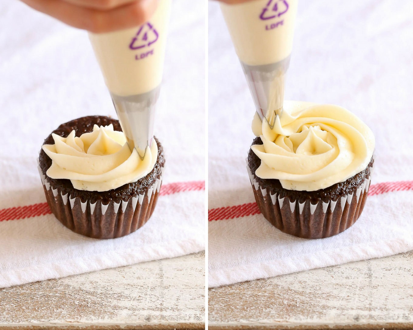 Learn to prepare your piping bag, the easiest way to fill your bag, and how to frost cupcakes like a pro with this easy piping tutorial!