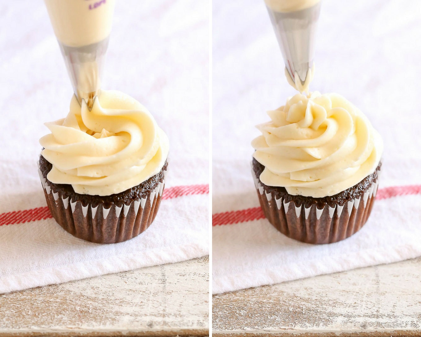 Learn to prepare your piping bag, the easiest way to fill your bag, and how to frost cupcakes like a pro with this easy piping tutorial!