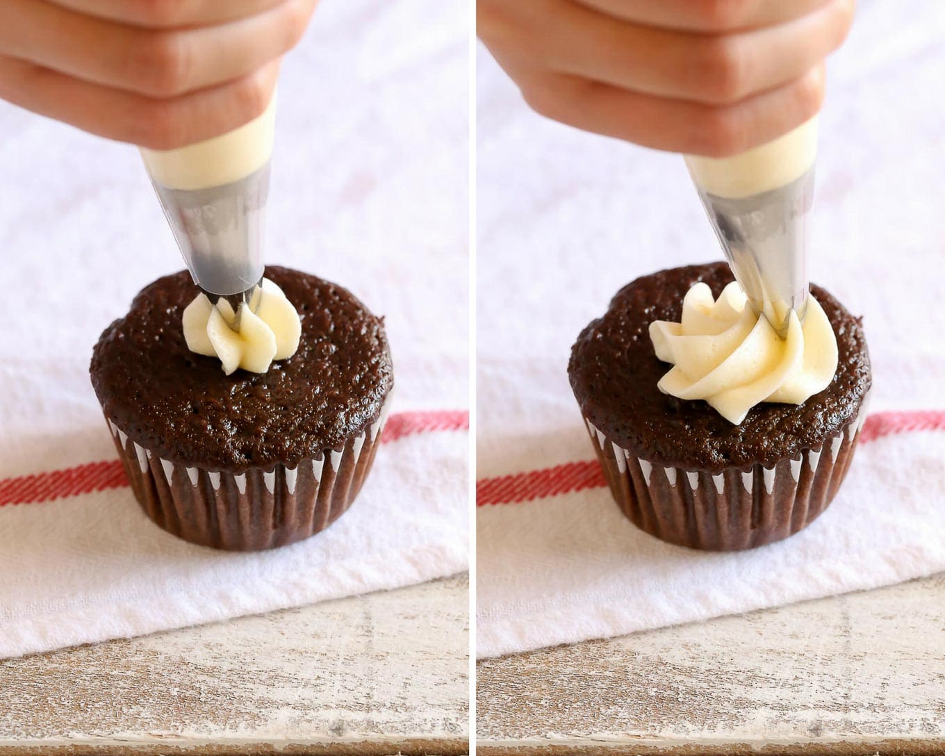 Learn to prepare your piping bag, the easiest way to fill your bag, and how to frost cupcakes like a pro with this easy piping tutorial!