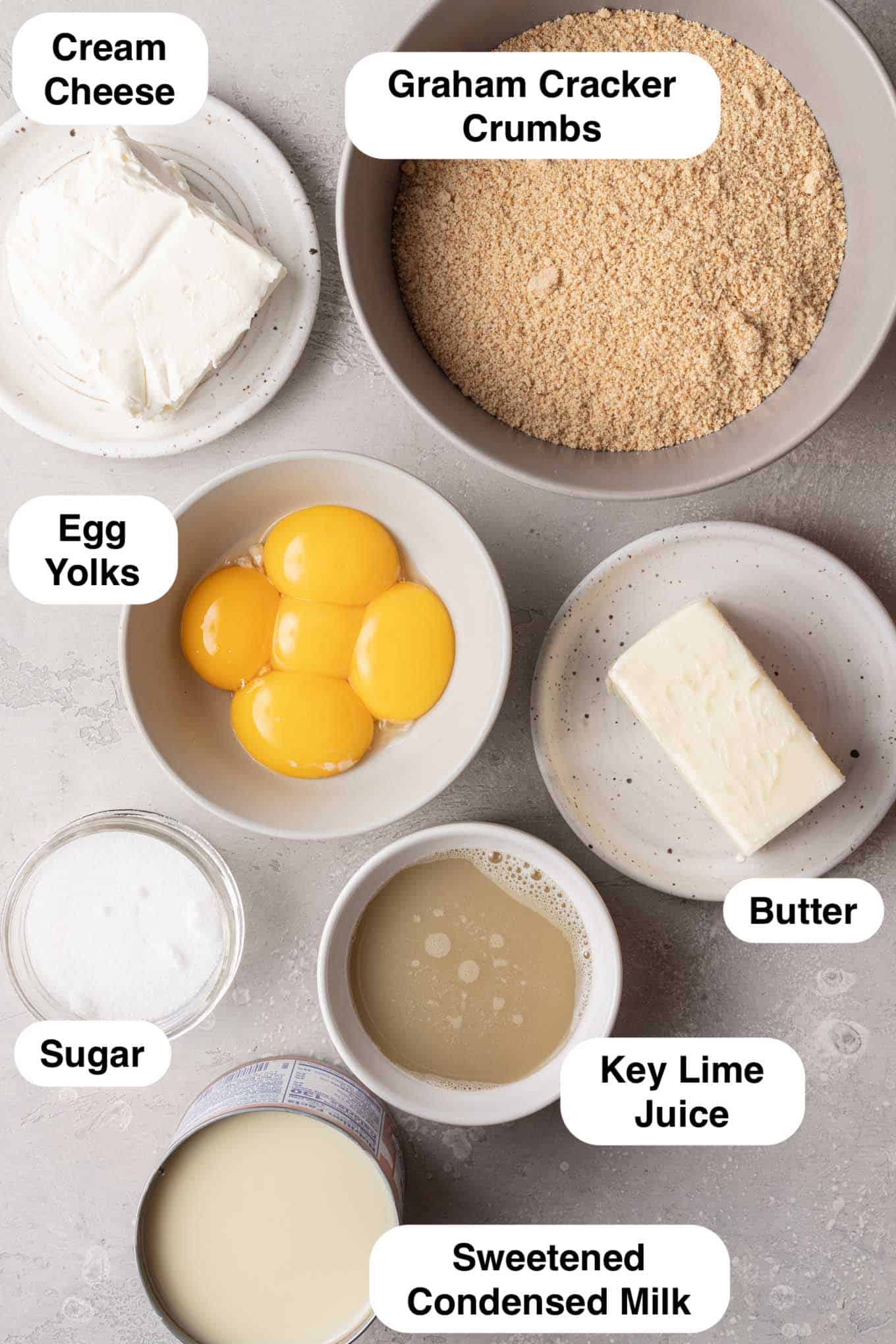 An overhead view of the ingredients needed for homemade key lime bars. 