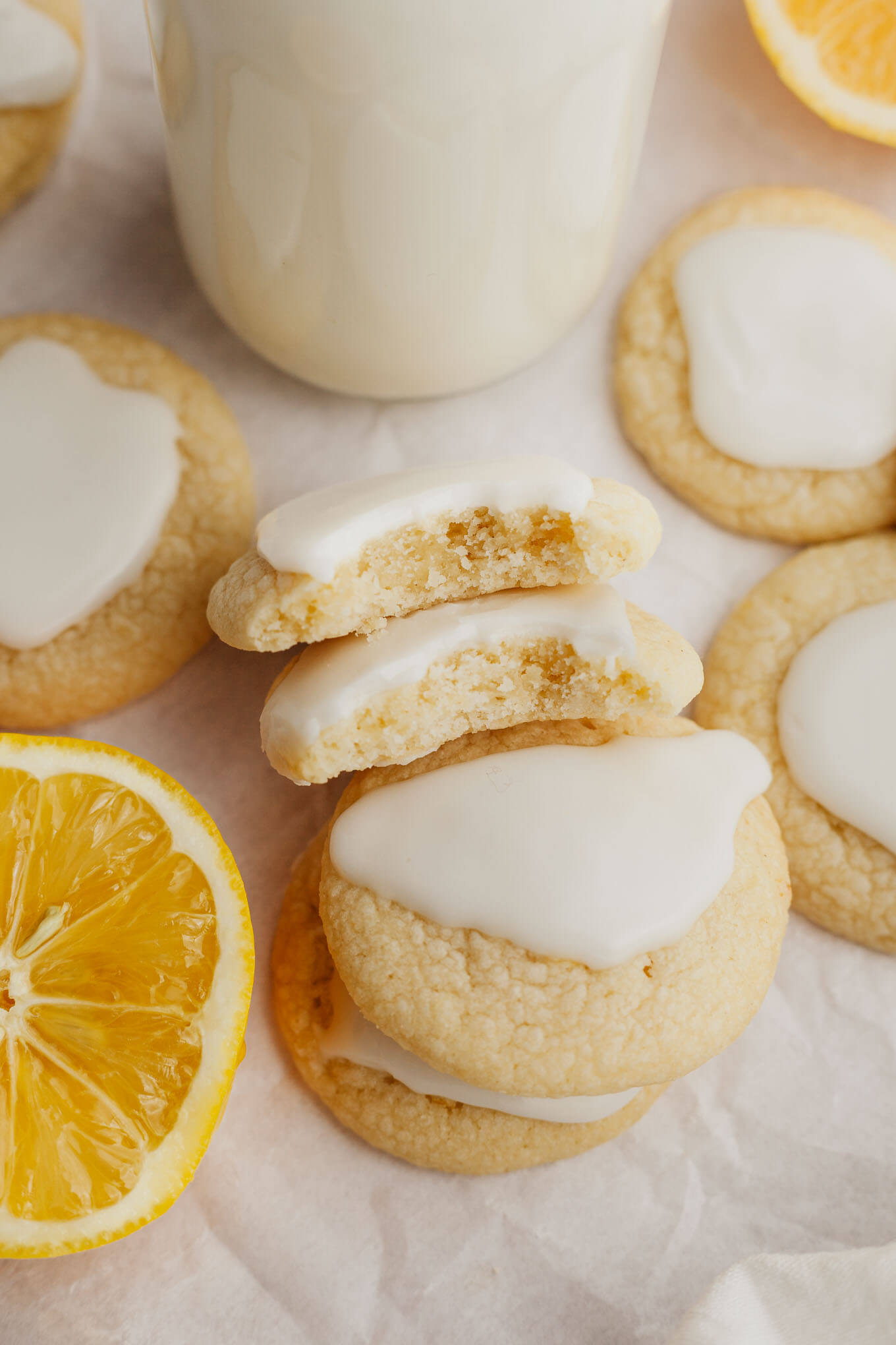 An overhead view of lemon meltaways stacked on their sides to show the texture inside. 