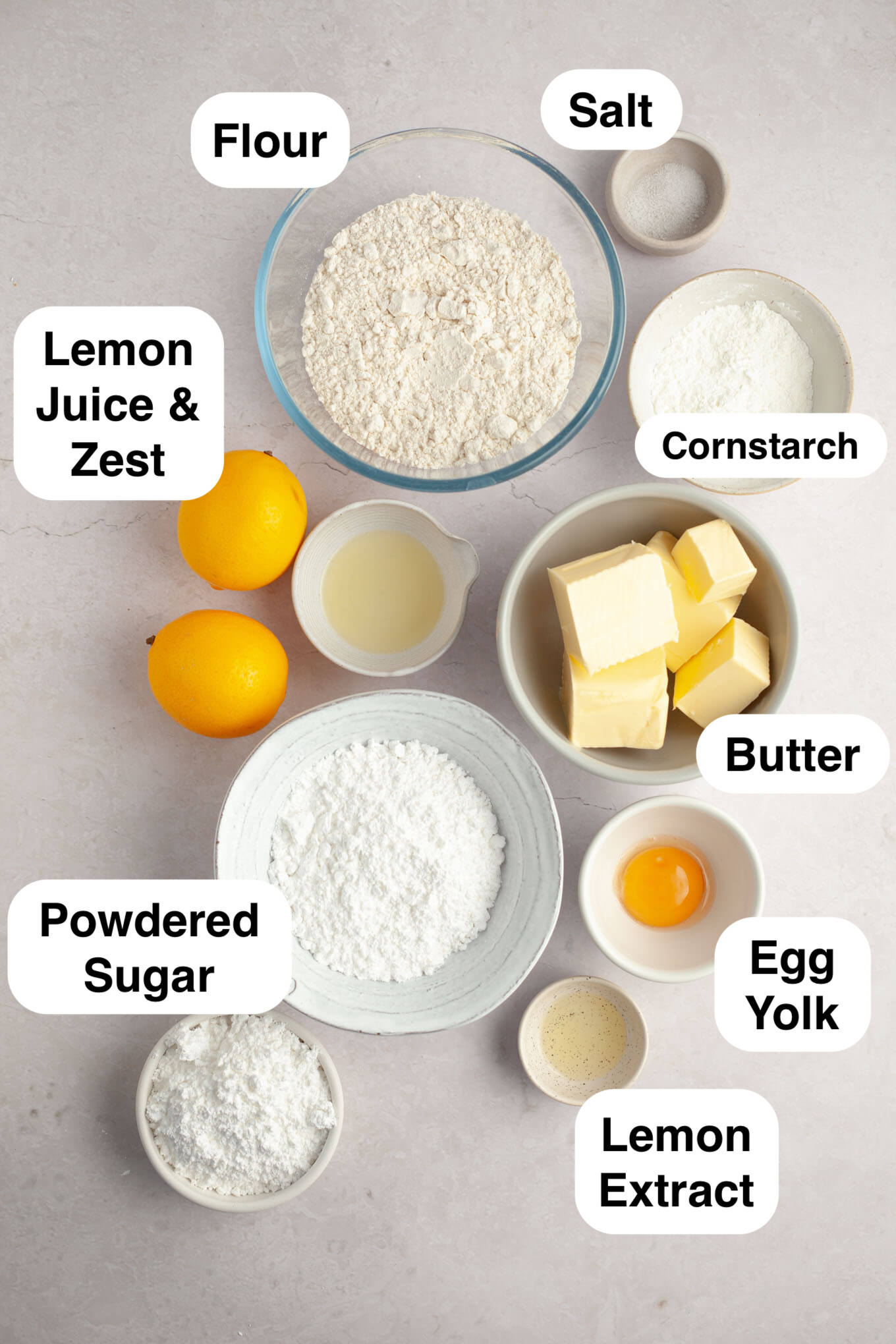 An overhead view of the ingredients needed for lemon meltaway cookies. 