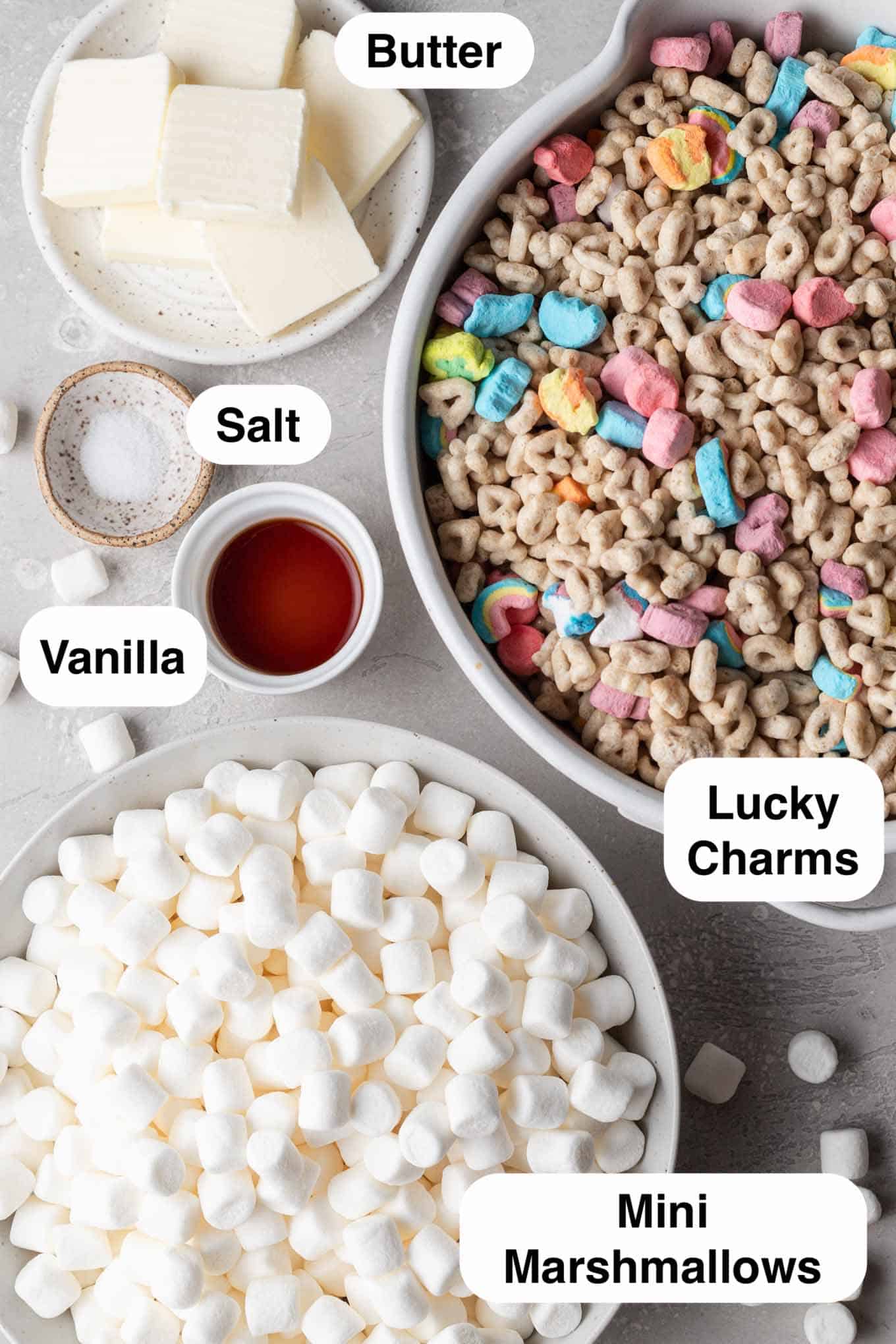 An overhead view of the ingredients needed to make Rice Krispies with Lucky Charms. 