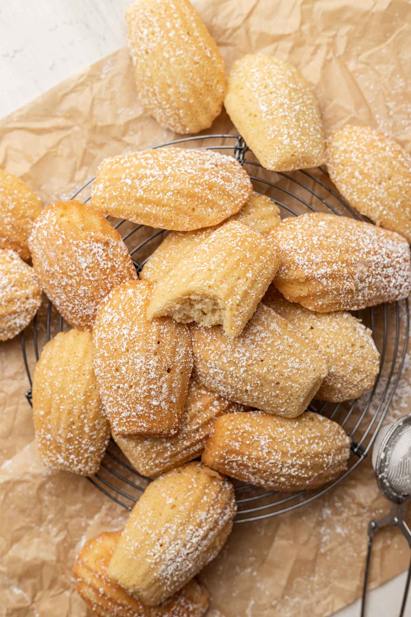 An overhead view of madeleine cookies dusted with powdered sugar. 