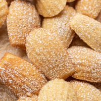 Several madeleine cookies dusted with powdered sugar on a piece of brown parchment paper.