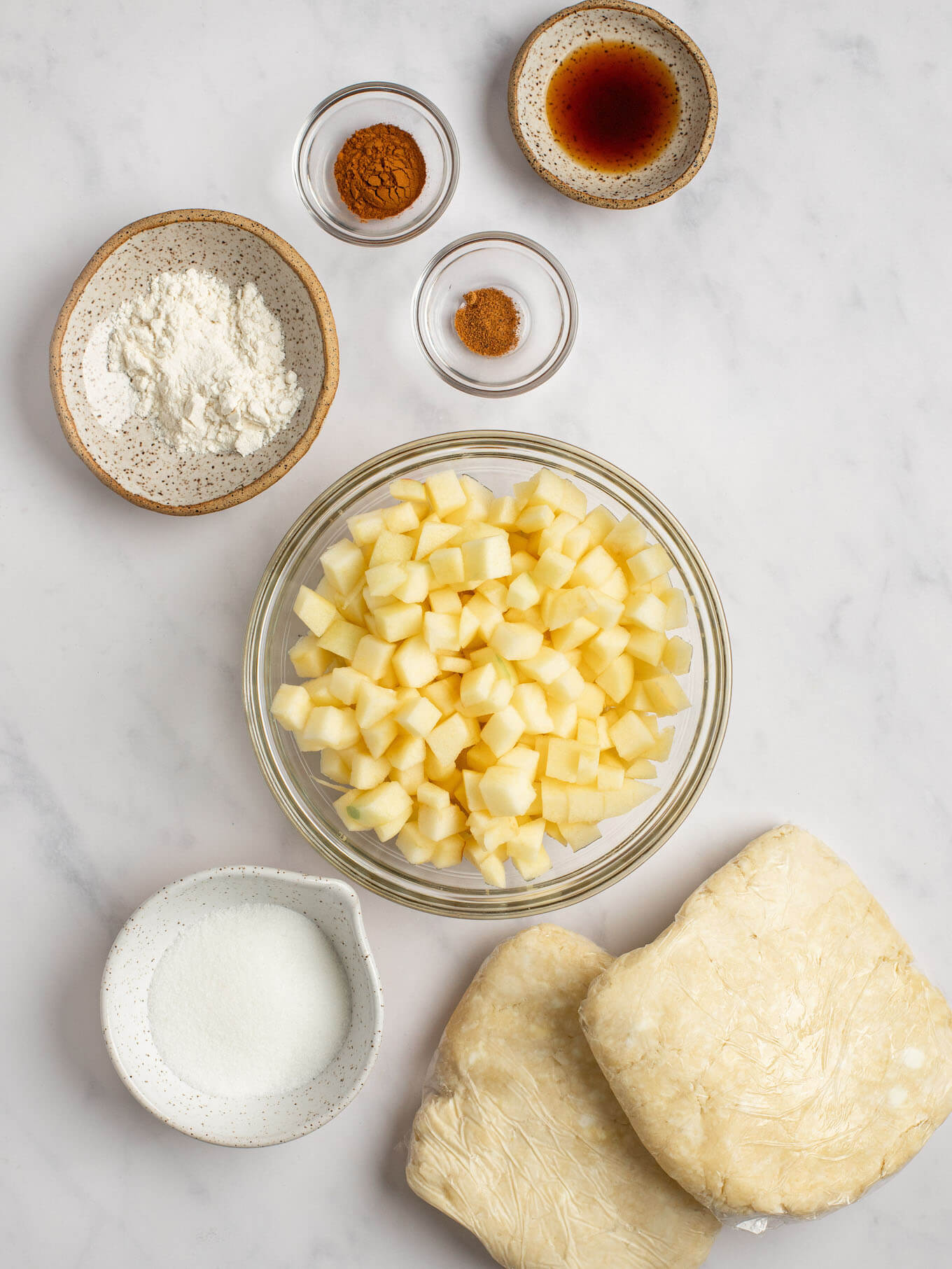 An overhead view of the ingredients for this recipe in various bowls.