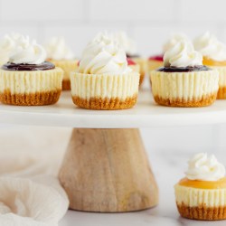 A marble cake stand with several mini cheesecakes with different toppings on them.