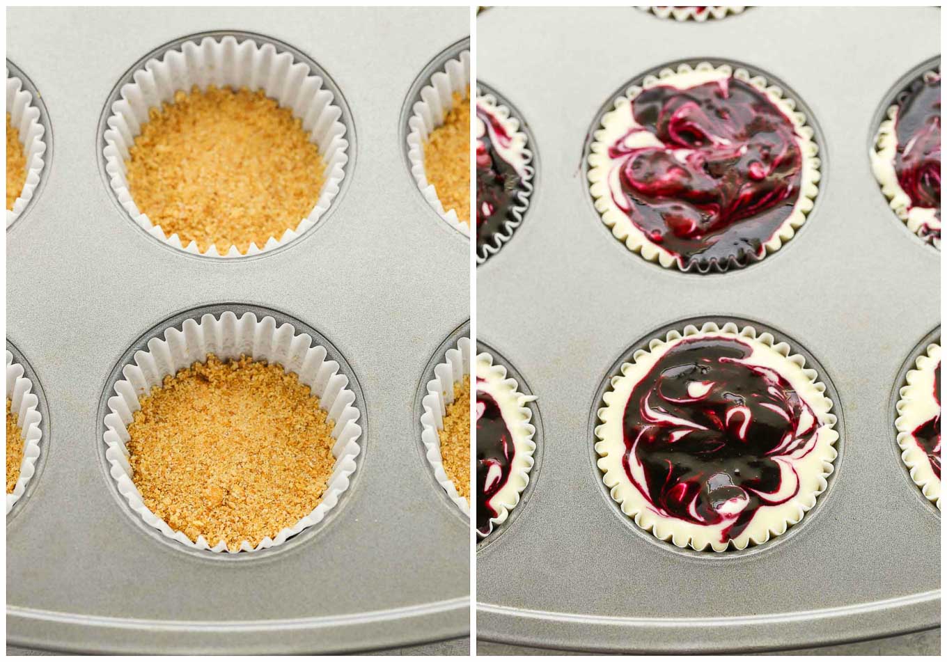 A photo collage showing how lemon blueberry cheesecake bites are assembled. 