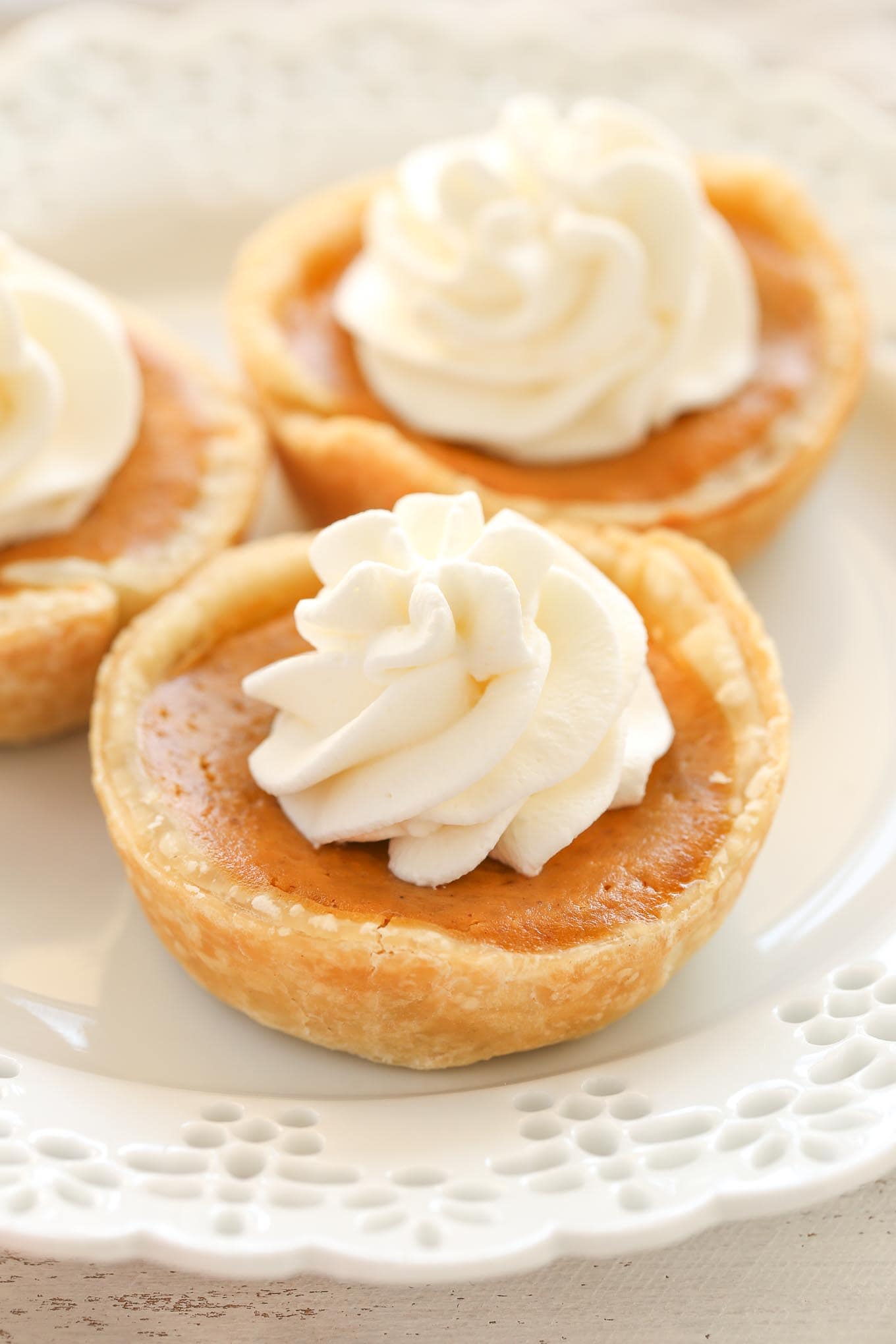 An easy recipe for mini pumpkin pies made in a muffin pan. The perfect dessert for Thanksgiving!