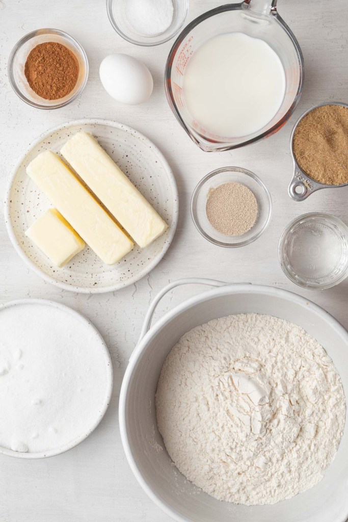 Overhead view of the ingredients needed to make cinnamon monkey bread. 