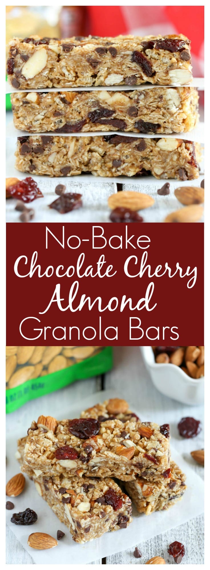 These No-Bake Chocolate Cherry Almond Granola Bars are easy to make and perfect for a healthier snack!