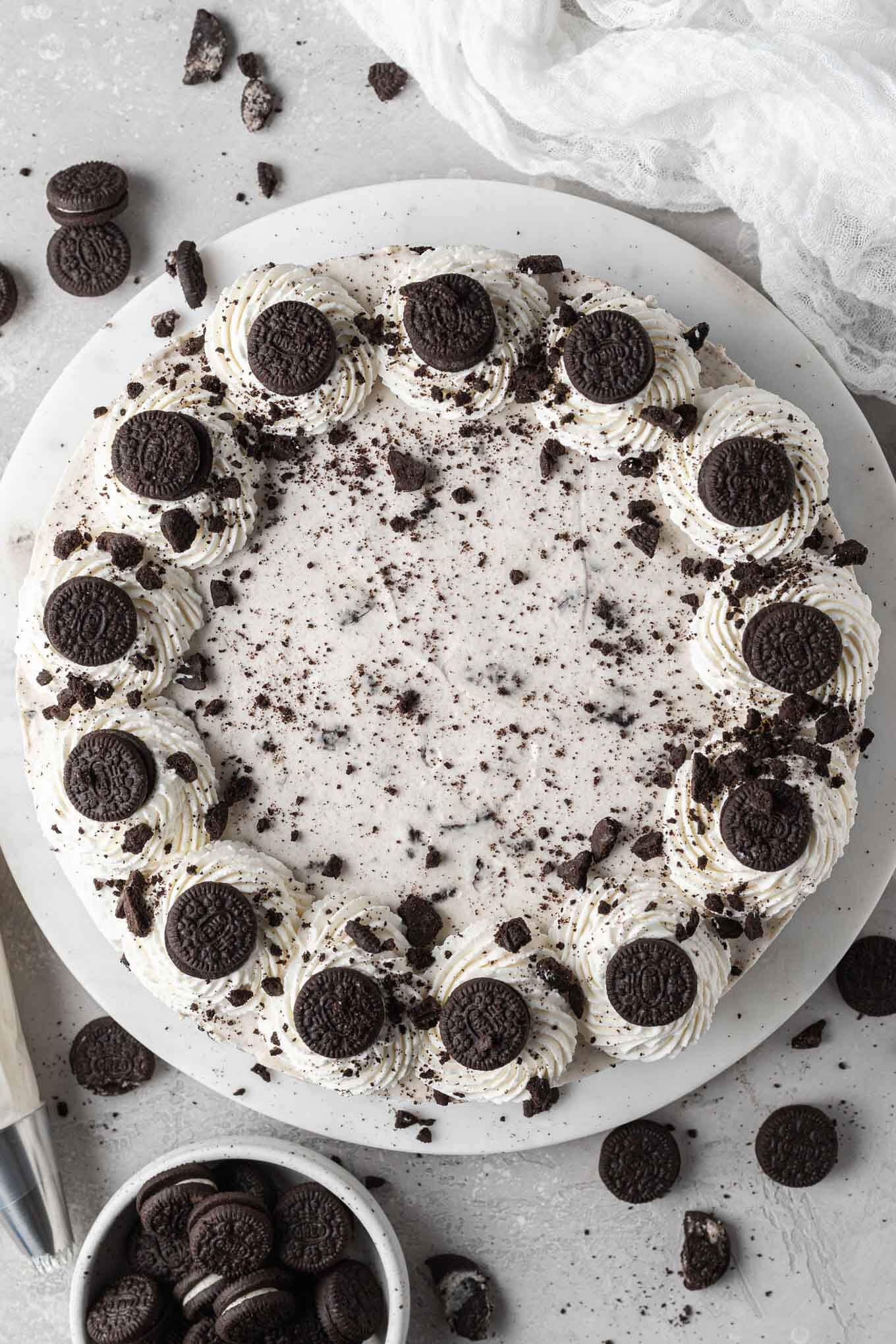 An overhead view of a no bake Oreo cheesecake. 