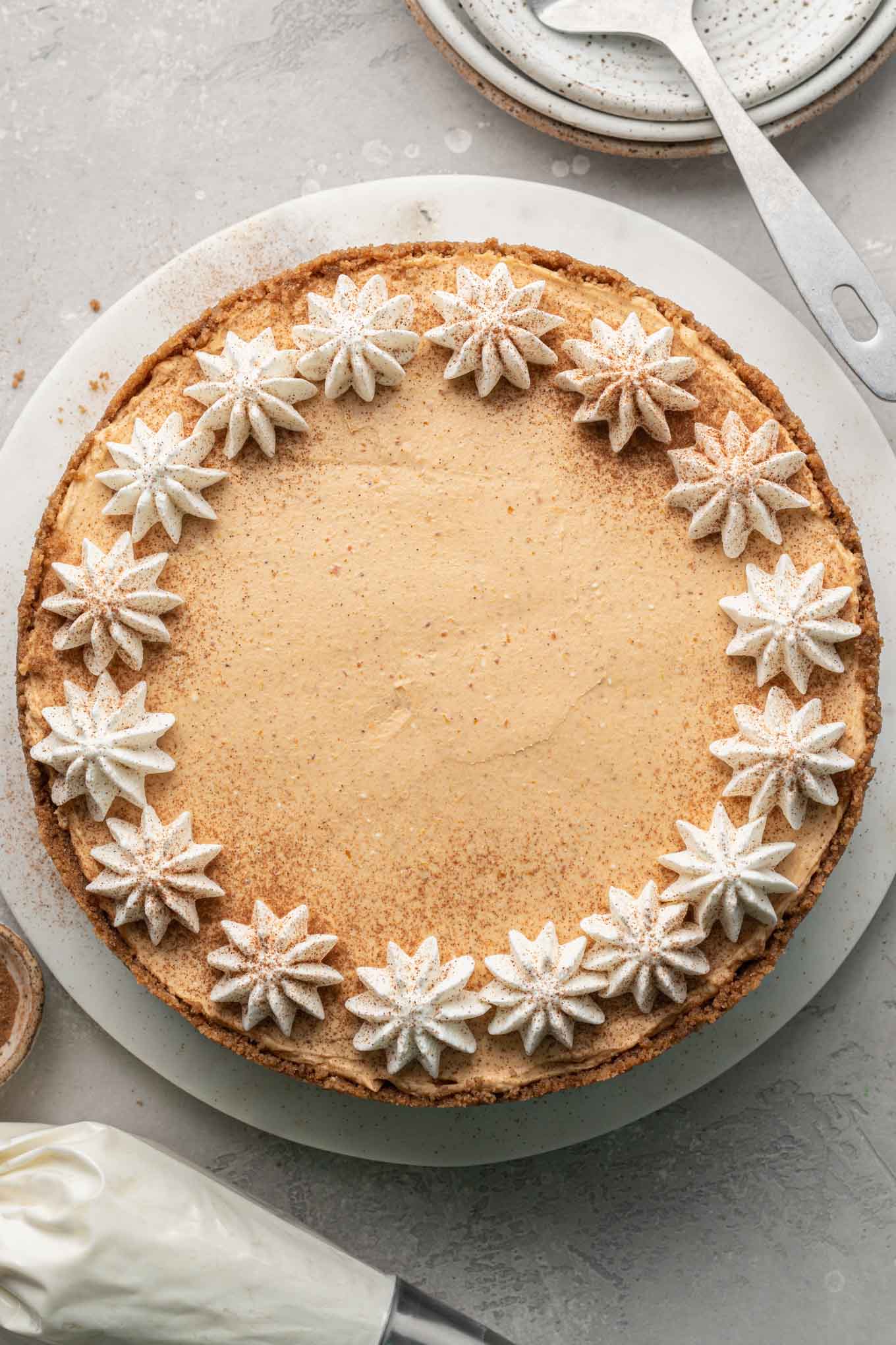 An overhead view of a no-bake pumpkin cheesecake. 