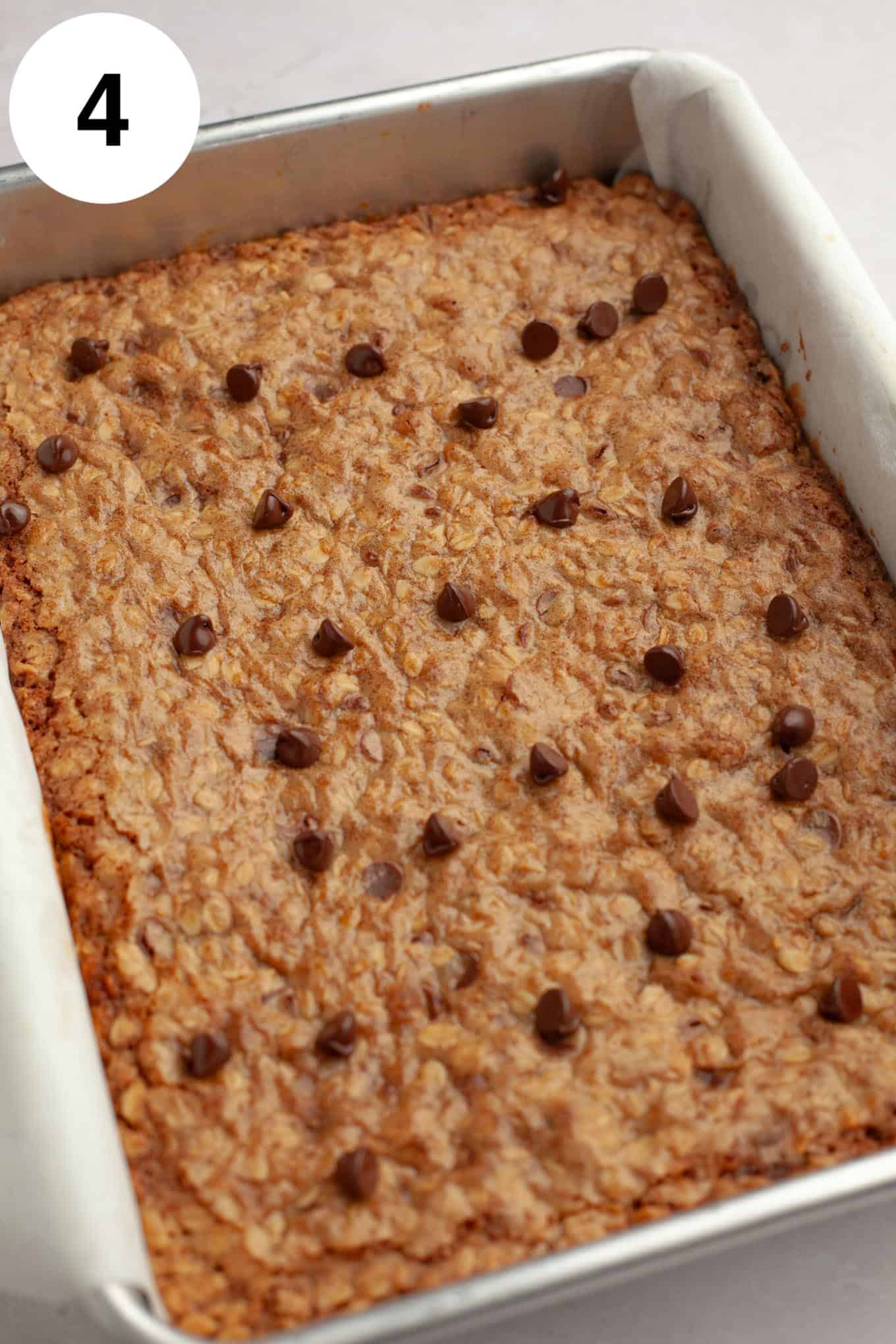 A pan of baked oatmeal cookie bars. 