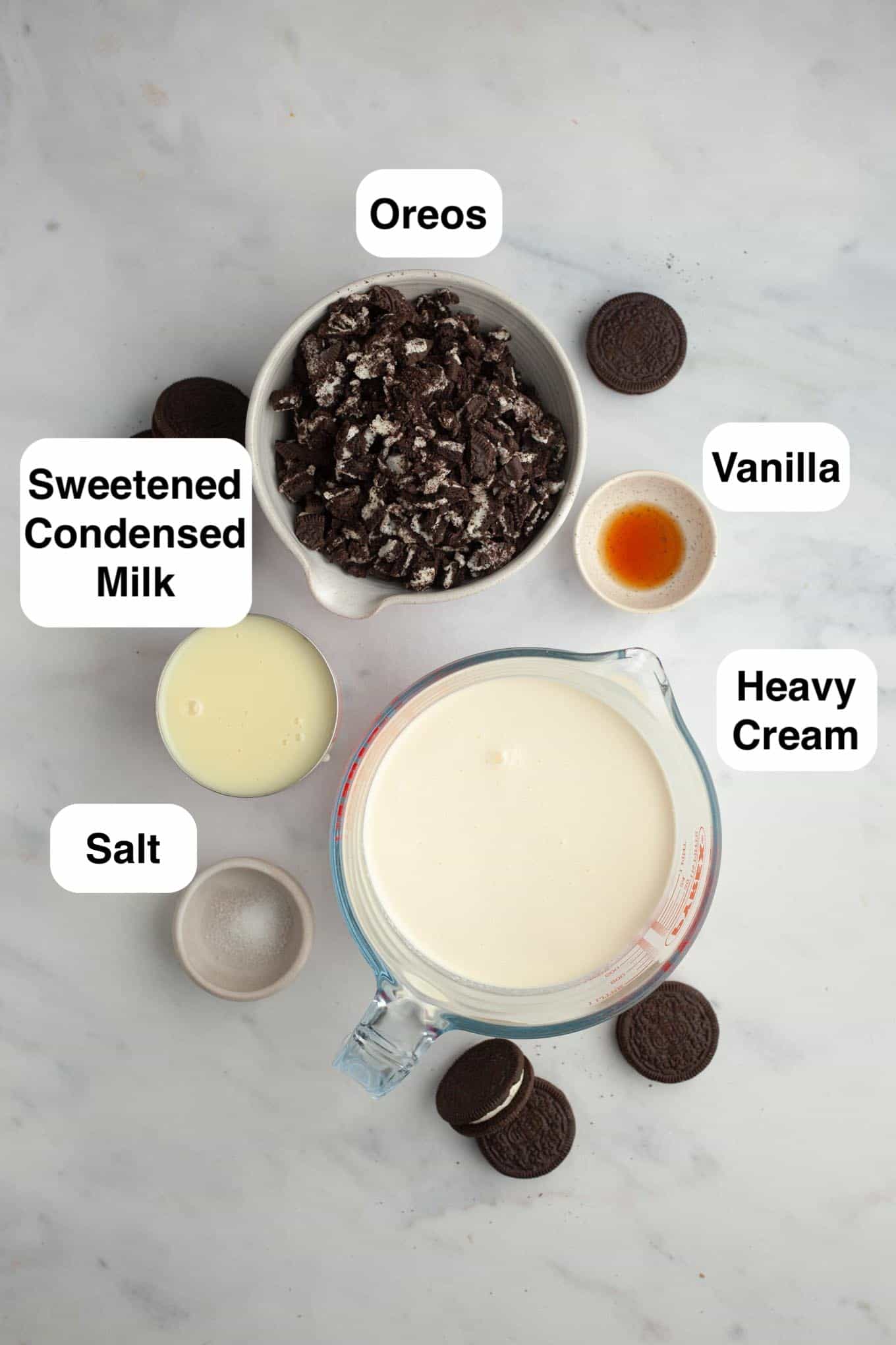 An overhead view of the ingredients needed for no churn Oreo ice cream.